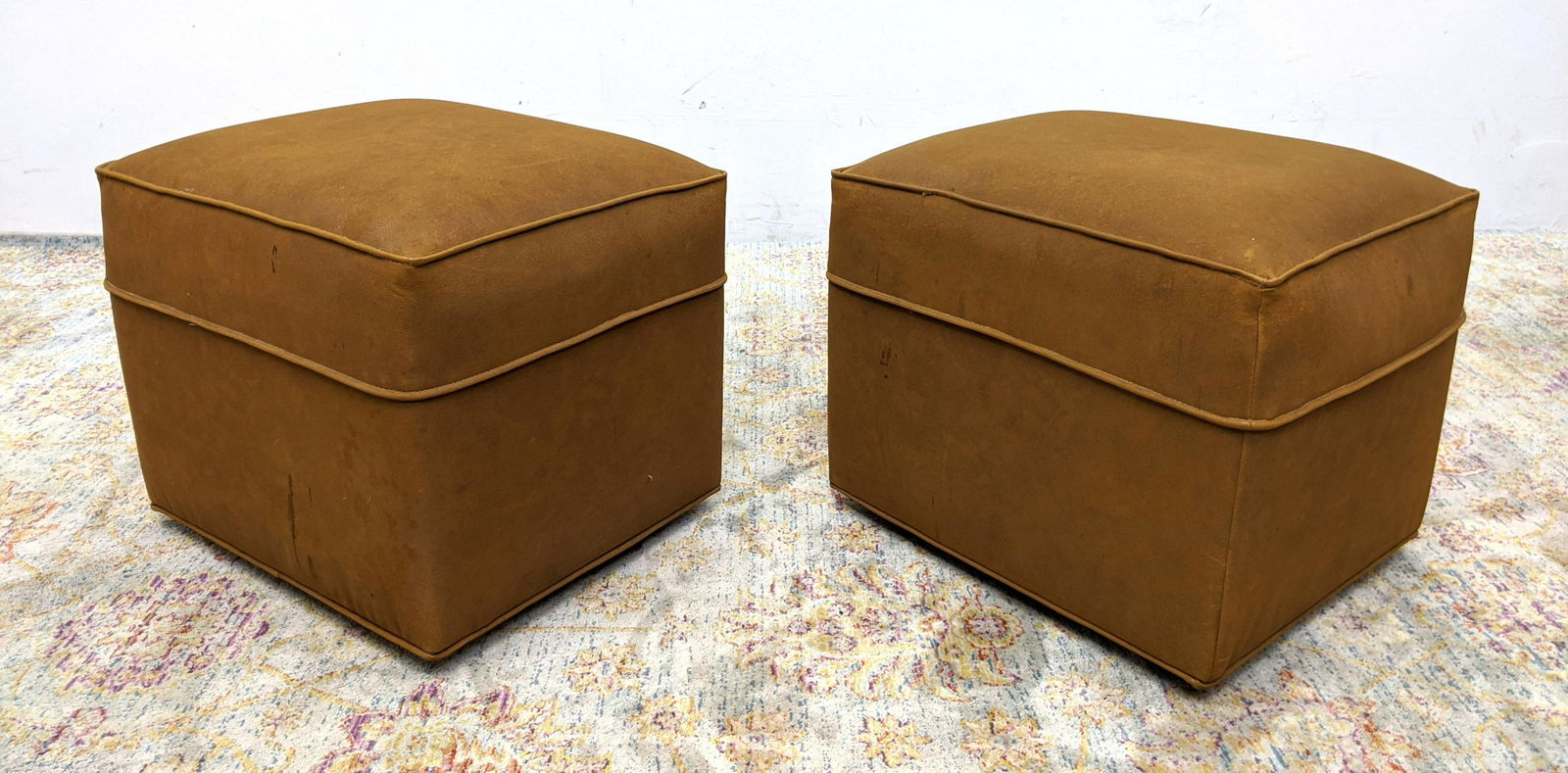 Pair Upholstered Square Footstool Ottomans. Vinyl to lo (1 of 15)