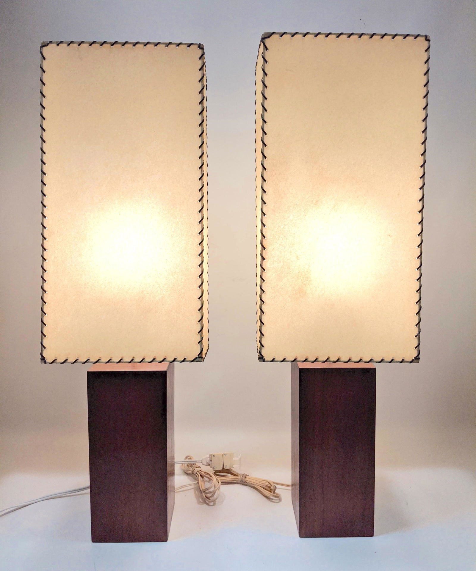 Pr Mid Century Modern  Wood Column Table Lamps. Wrapped (1 of 16)