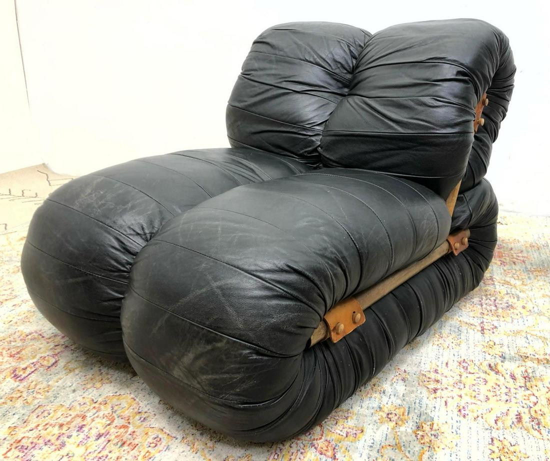 BRAZIL INDUSTRIES Black Leather Lounge Chair. Wood & Le (1 of 12)