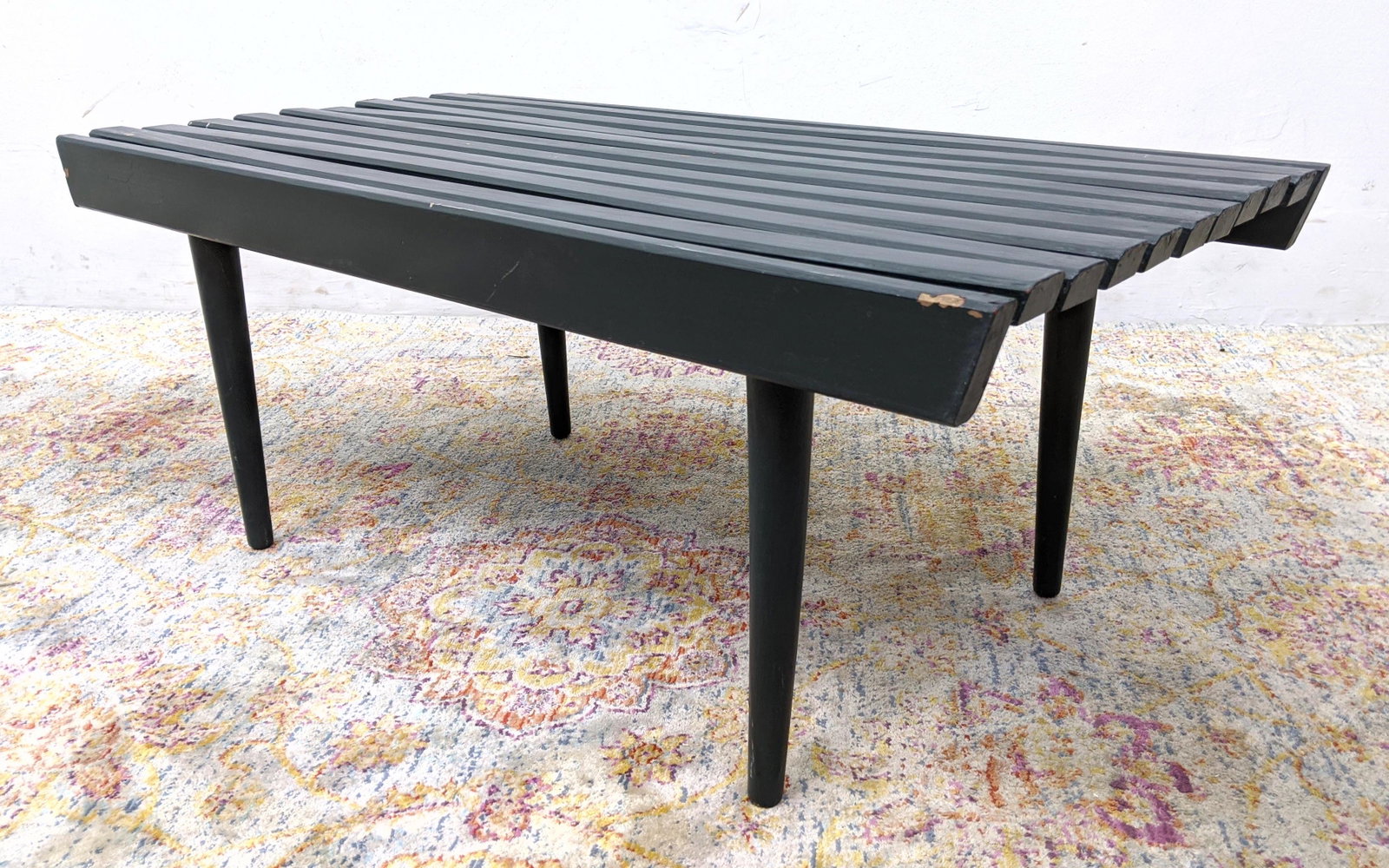 Ebonized Wood Modernist Slat Bench.: Ebonized Wood Modernist Slat Bench. -- Dimensions: H: 14.5 inches: W: 36 inches: D: 18.25 inches ---
