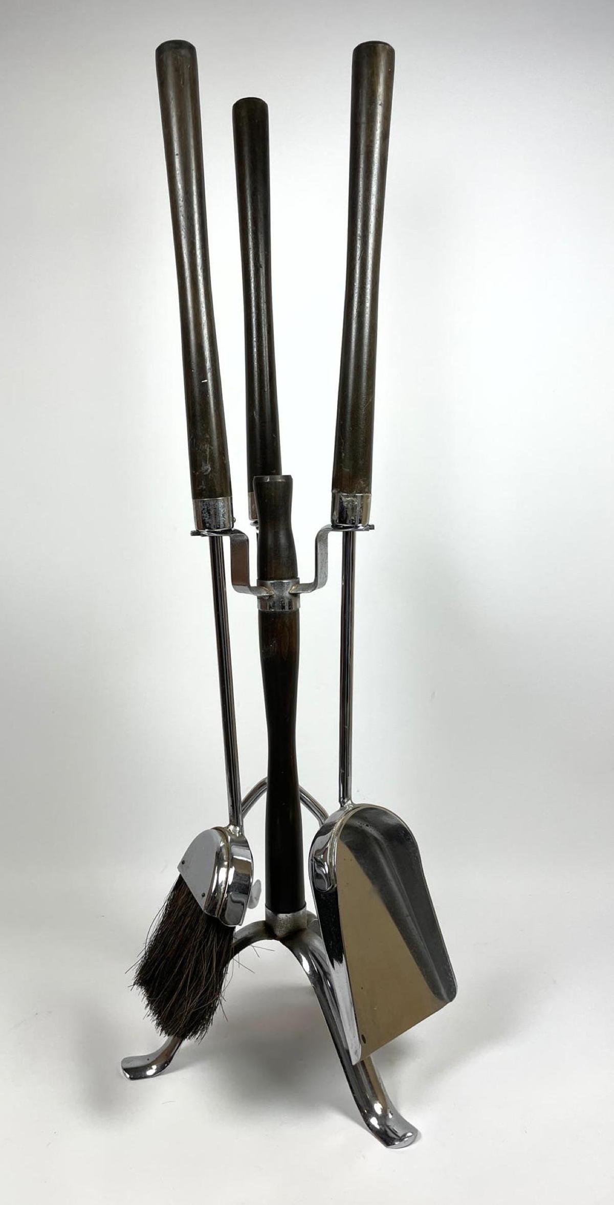 Set Modernist Chrome and Wood Fireplace Tools. (1 of 7)