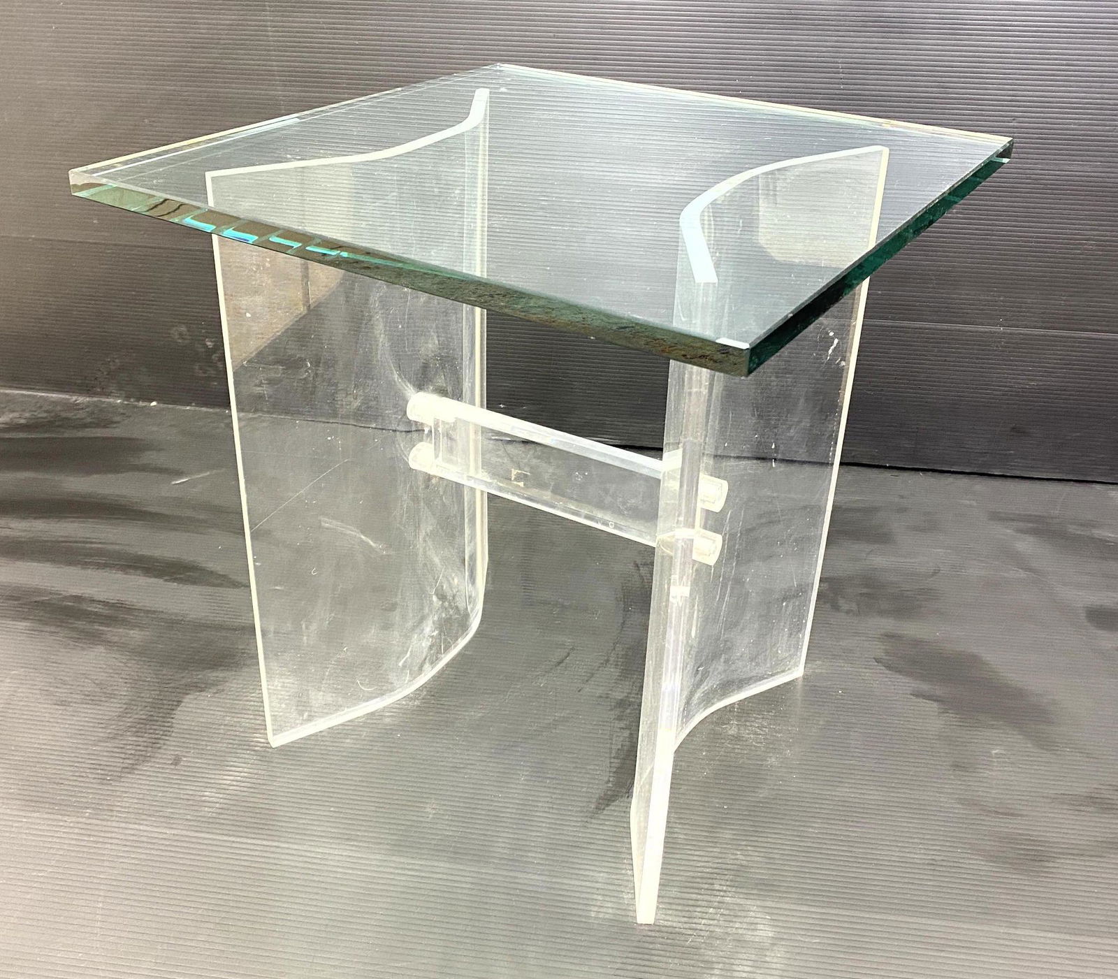 Mid Century Modern Lucite Bowed H Base, Glass Top Side (1 of 6)