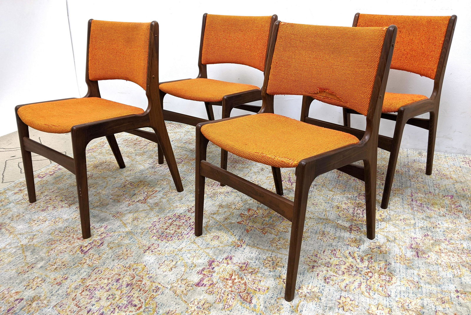 Set 4 Danish Teak Dining Chairs. Orange tweed fabric. (1 of 16)