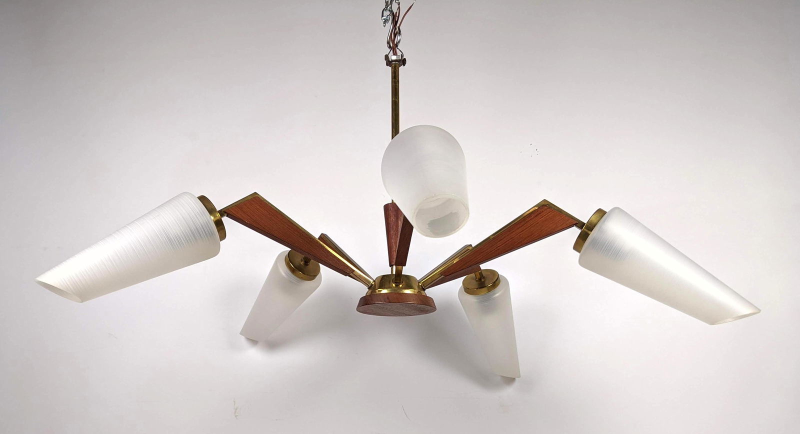 Modernist 5 Arm Walnut and Brass Chandelier.  Gold Tone (1 of 17)