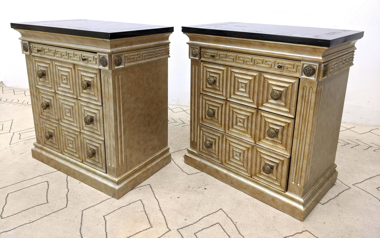 Pr COLLEZIONE EUROPA Metallic Finish Bachelor Chests. D: Pr COLLEZIONE EUROPA Metallic Finish Bachelor Chests. Decorative Drawer Front. Tops with Greek Key Design. Labeled. -- Dimensions: H: 34 inches: W: 32 inches: D: 19 inches ---