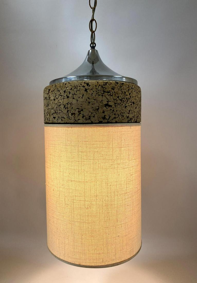 Mid Century Modern Cork Top Pendant Lamp. Light wear an: Mid Century Modern Cork Top Pendant Lamp. Light wear and some spots to shade.-- Dimensions: H: 23 inches: W: 11.25 inches: D: 11.25 inches ---