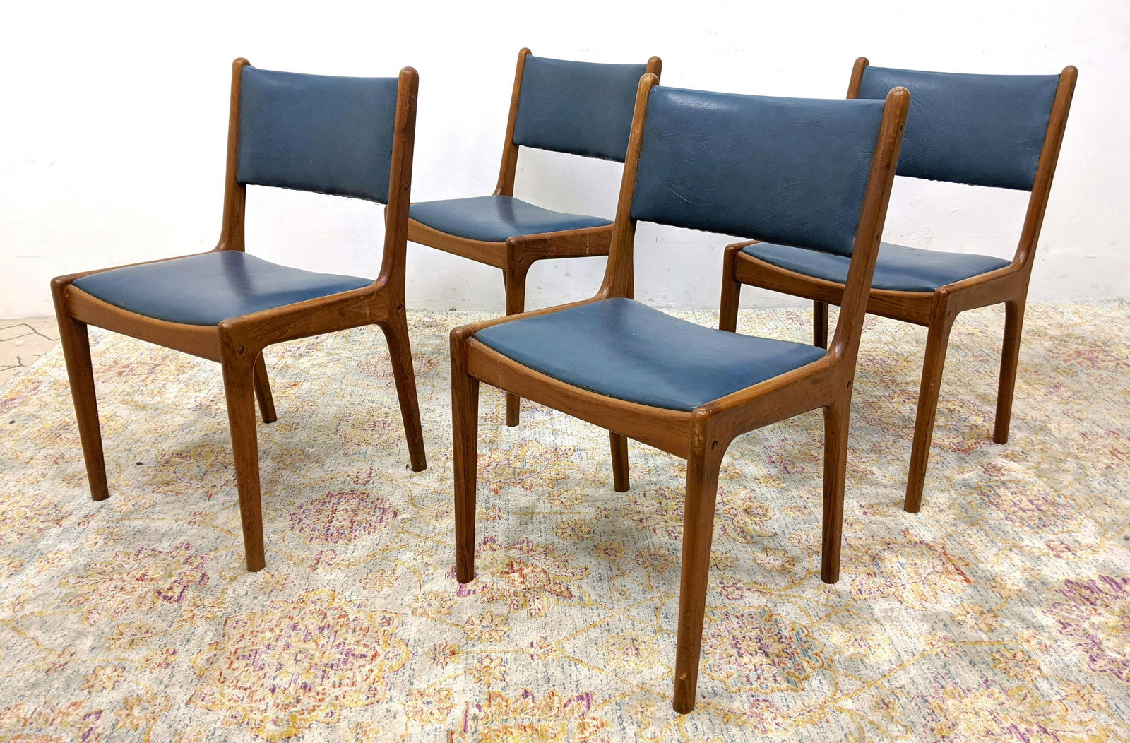 Set 4 Danish Modern Teak Dining Chairs. Blue vinyl seat (1 of 15)