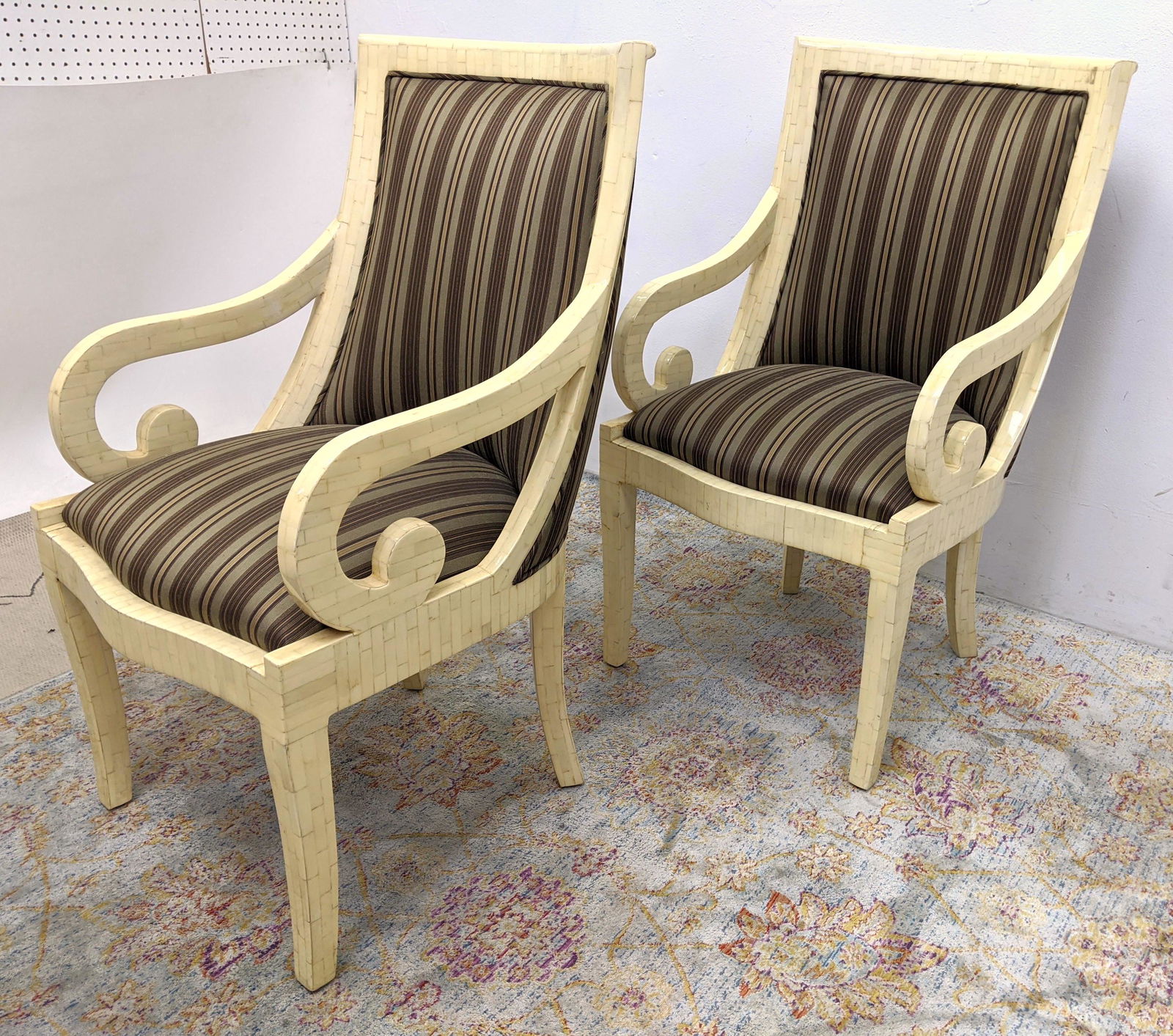 Enrique Garcel Style Tessellated Arm Chairs. Small bone: Enrique Garcel Style Tessellated Arm Chairs. Small bone lacquer.-- Dimensions: H: 40 inches: W: 22.5 inches: D: 24 inches ---