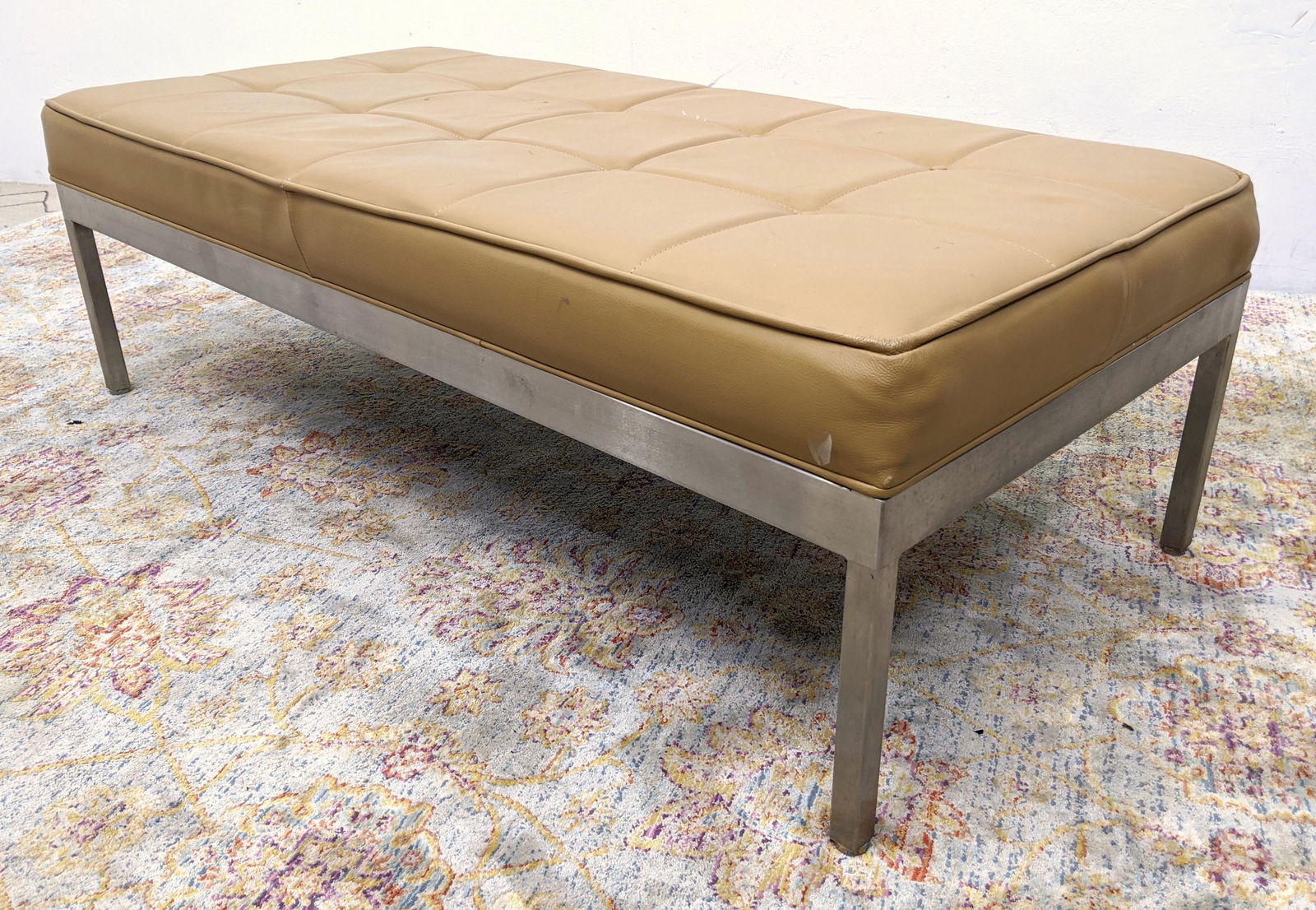 Tufted Leather Museum Style Bench.  Tan Upholstery with (1 of 12)