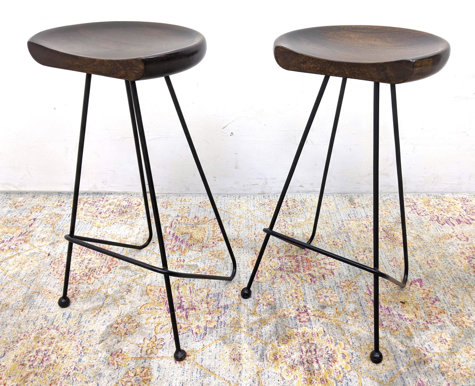 Pr Modernist Wood Seat Hairpin Iron Bar Stools. Stylish (1 of 10)