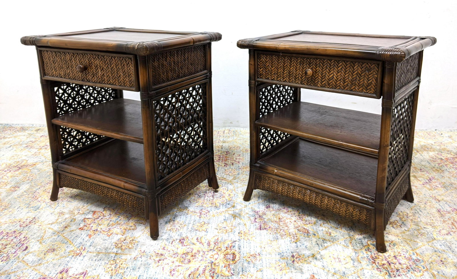 Pr Dark Stained Rattan Bamboo Side Tables. Woven lattic (1 of 16)