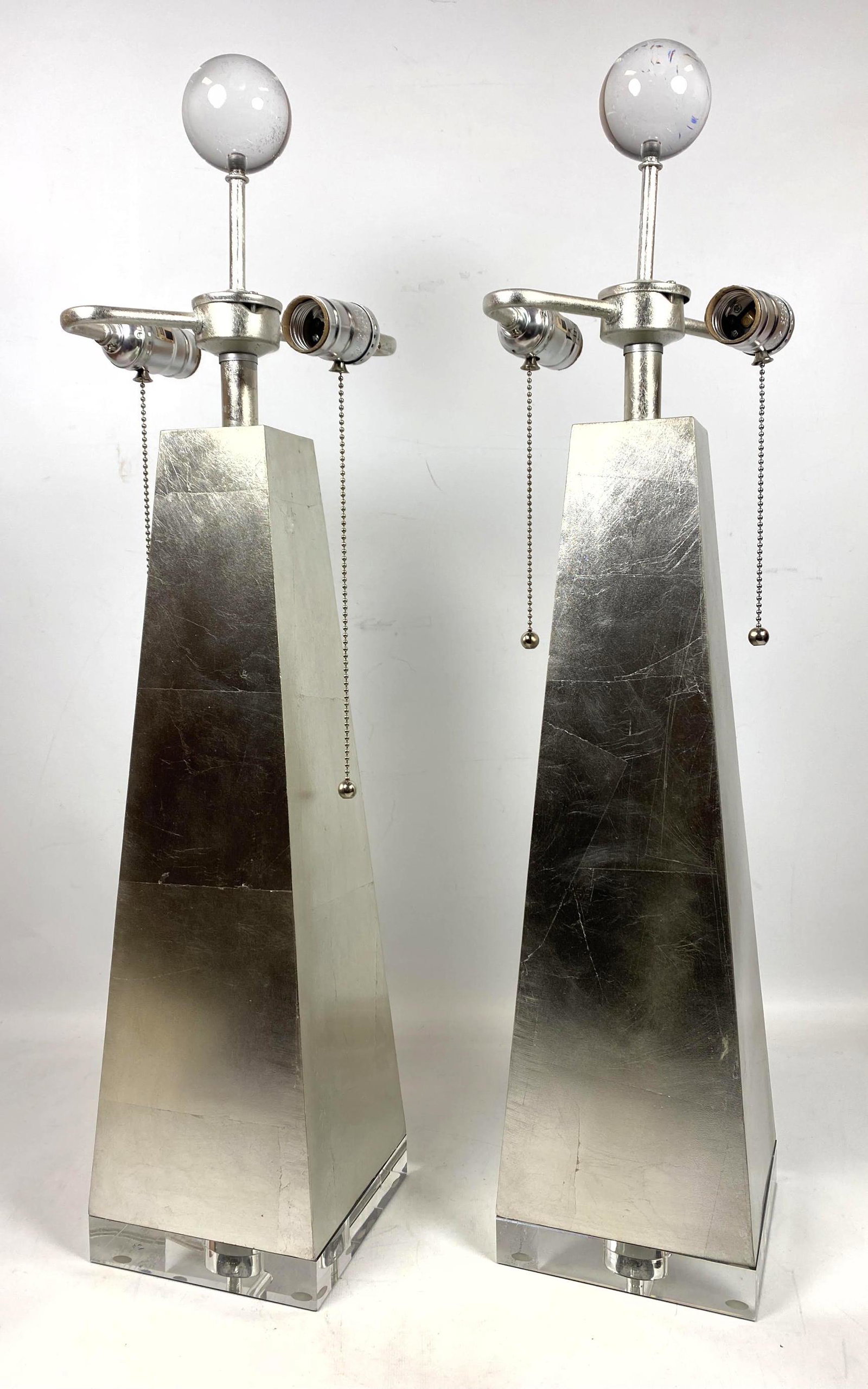 Pr Silver Leaf Tapered form Table Lamps. Lucite bases. (1 of 14)