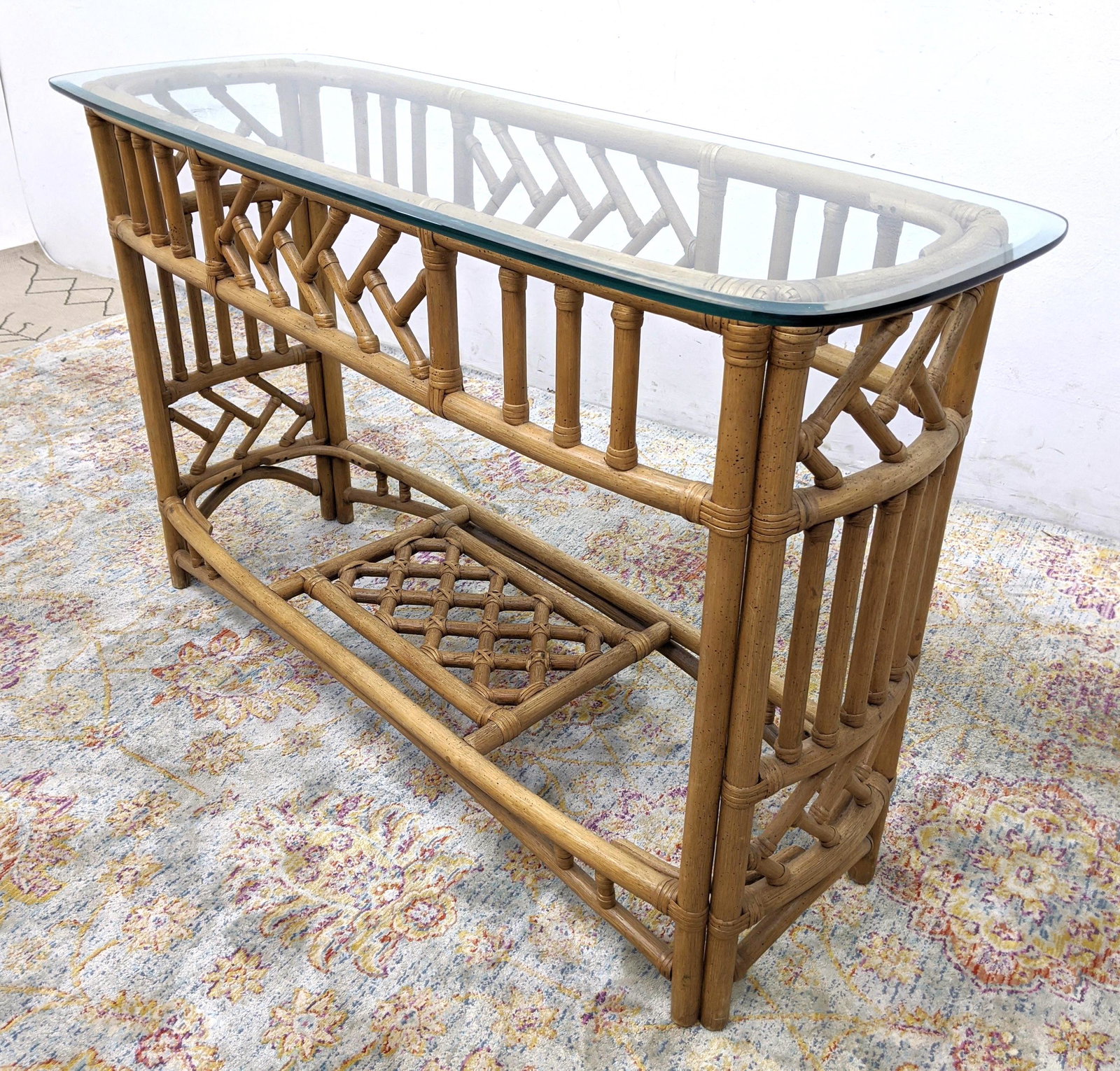 MCGUIRE Style Rattan Console Hall Table. Glass Top.  Wr (1 of 8)