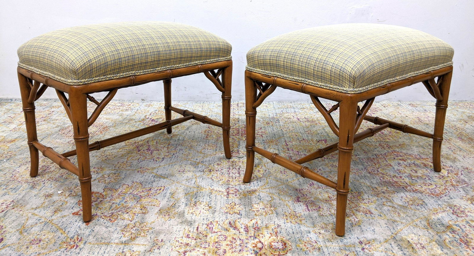 Pr Decorator Faux Bamboo Stools Benches. Plaid Seat cus (1 of 7)