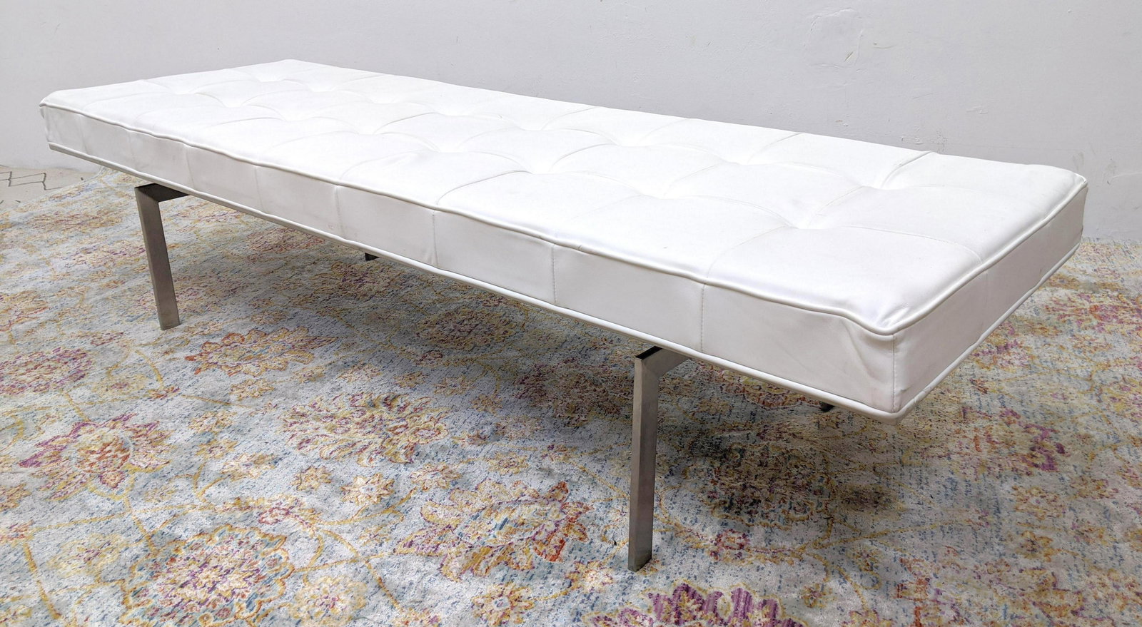 White Tufted Leather Modernist Bench Seating. Brushed l (1 of 12)