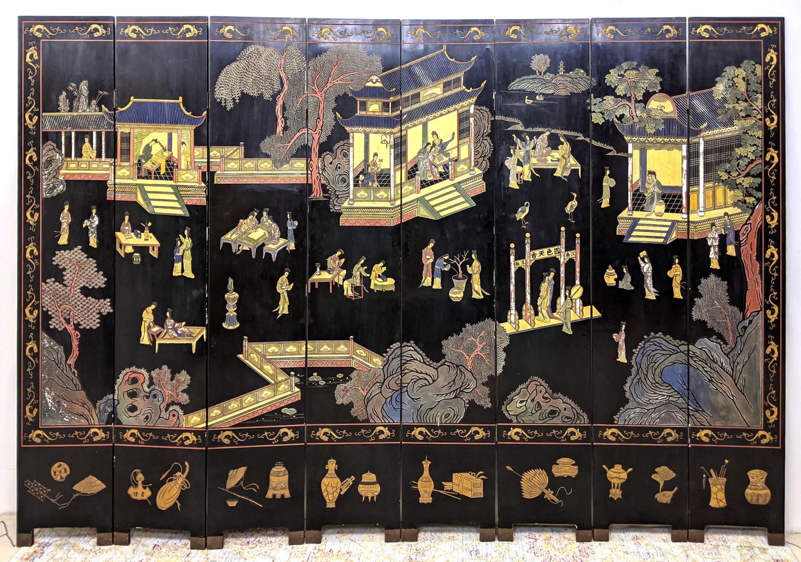 Eight Panel Asian Scene Room Divider Screen. Carved and (1 of 20)