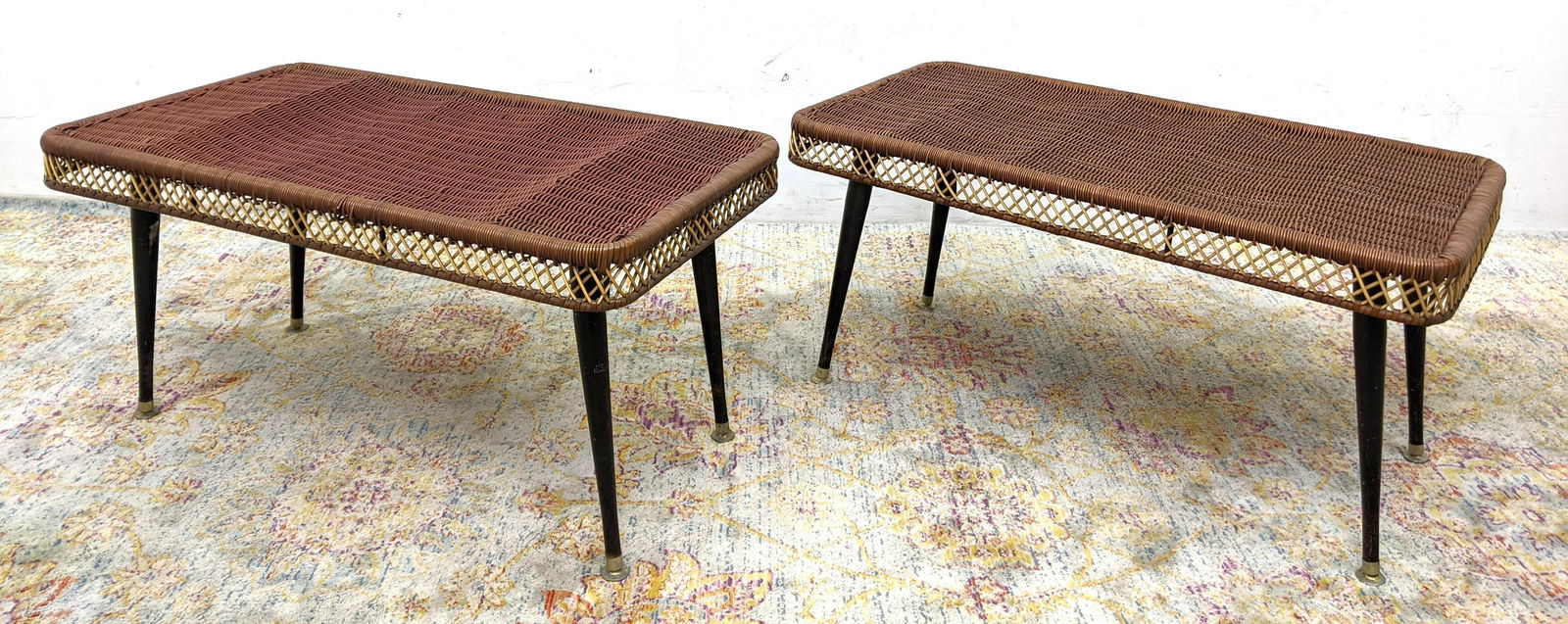 Pr Woven Rattan Wicker Table Benches. MCM Tables. Taper (1 of 15)