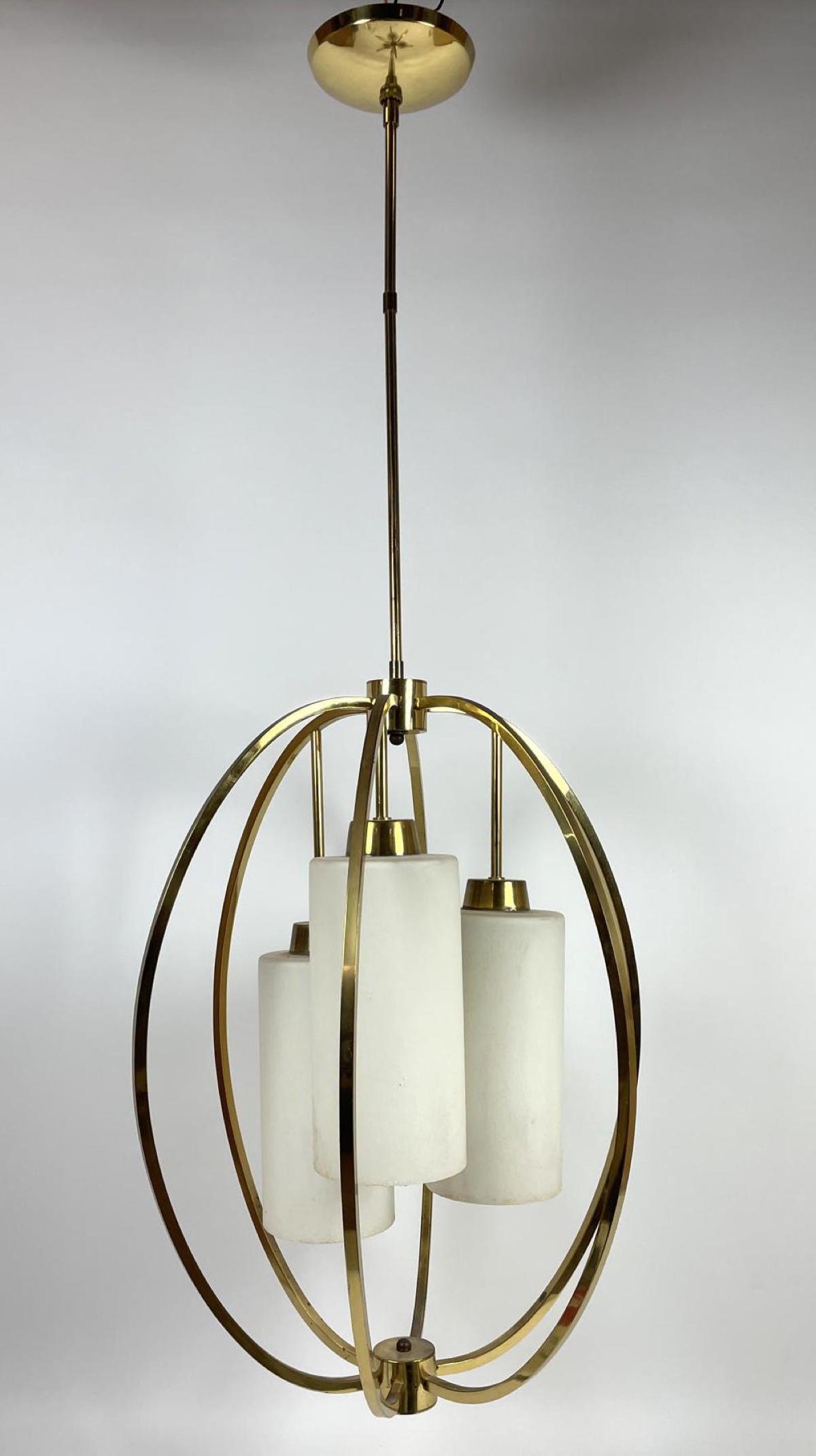 Modernist Brass Hanging Chandelier. Oval Cage-like Fram (1 of 10)