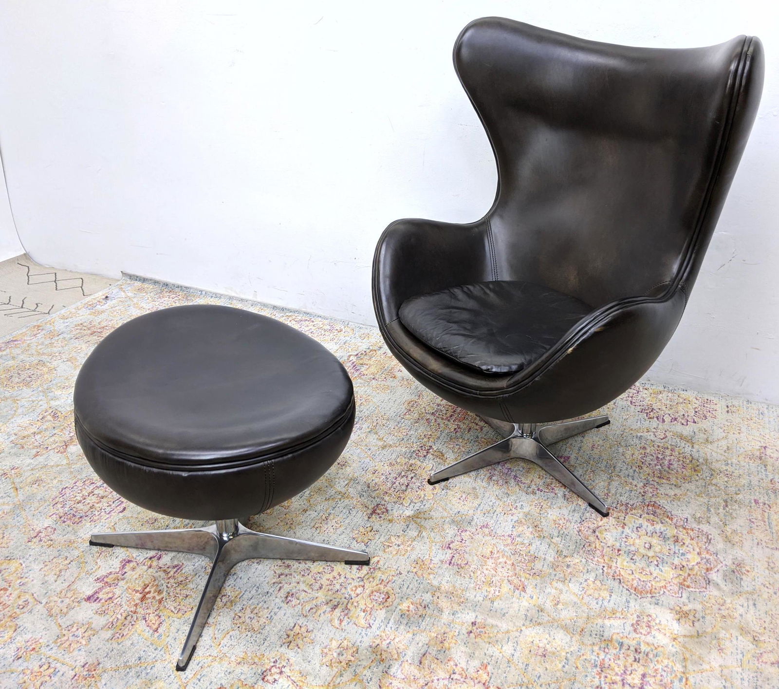 Modernist Leather Egg Lounge Chair and Ottoman. Fritz H: Modernist Leather Egg Lounge Chair and Ottoman. Fritz Hansen Style. -- Dimensions: H: 45 inches: W: 33 inches: D: 27.5 inches ---