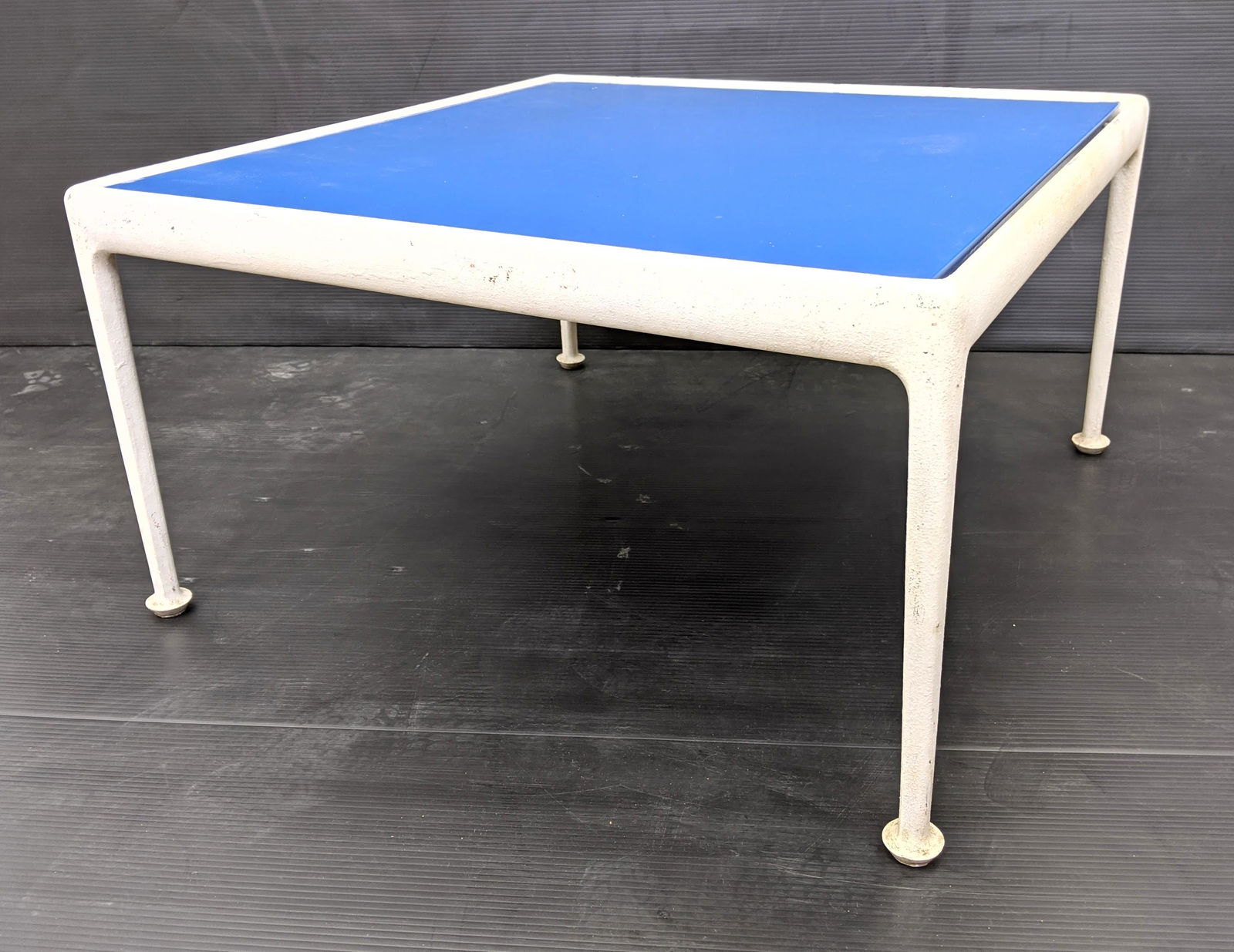 RICHARD SCHULTZ for KNOLL Outdoor Square Cocktail Table: RICHARD SCHULTZ for KNOLL Outdoor Square Cocktail Table. White Metal Frame supports blue enameled top. Patio. Garden. Porch-- Dimensions: H: 15.5 inches: W: 28 inches: D: 28 inches ---