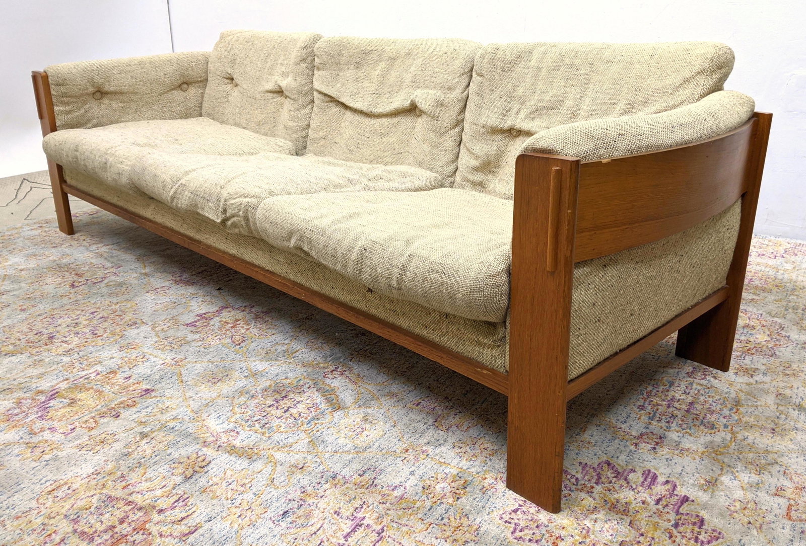 JYDSK MOHOLVAERK Modernist Teak Sofa Couch. Thru tenon: JYDSK MOHOLVAERK Modernist Teak Sofa Couch. Thru tenon construction. -- Dimensions: H: 26 inches: W: 84 inches: D: 31 inches ---