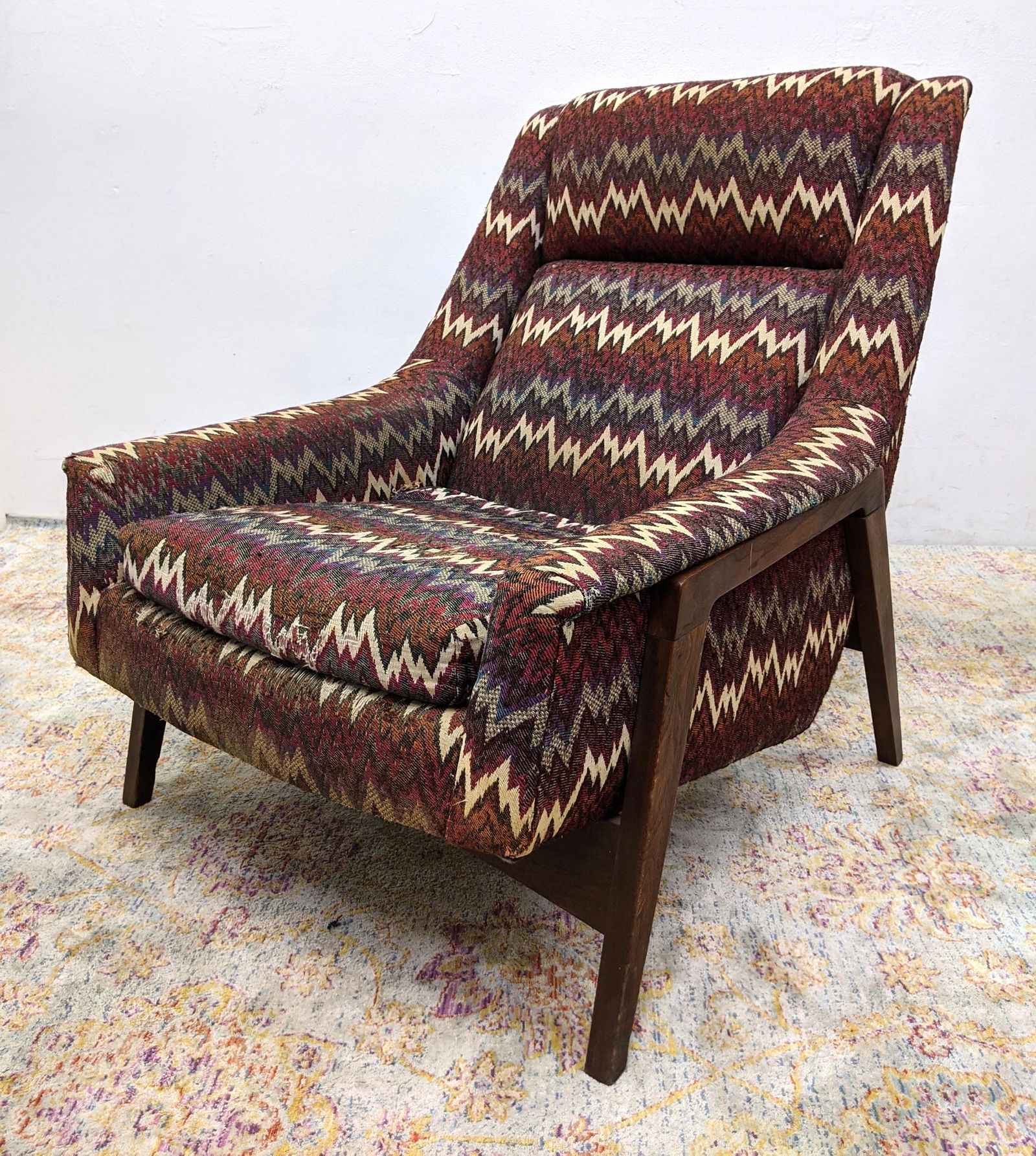ADRIAN PEARSALL Style Arm Lounge Chair. Bargello uphols: ADRIAN PEARSALL Style Arm Lounge Chair. Bargello upholstery. Walnut frame. -- Dimensions: H: 35 inches: W: 30.5 inches: D: 34 inches ---