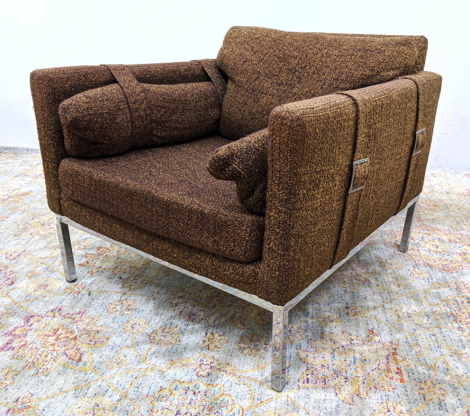 MAURICE VILLENCY Brown Fabric Lounge Chair. Chrome legs: MAURICE VILLENCY Brown Fabric Lounge Chair. Chrome legs and base. Strap and buckle design details. Marked.-- Dimensions: H: 26 inches: W: 29 inches: D: 32 inches ---