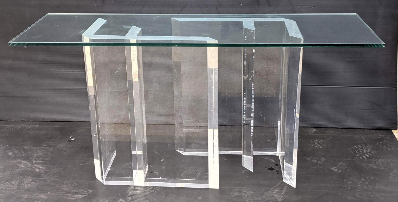 Modernist Lucite Base Glass Top Hall Table. Thick Lucit (1 of 14)