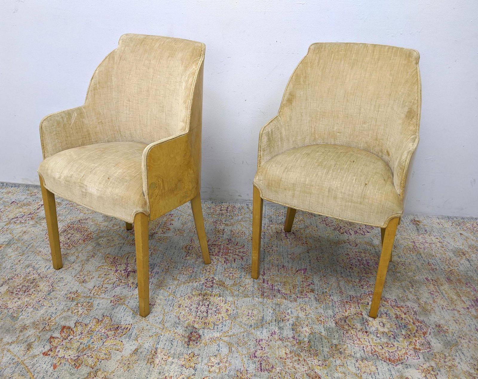 Pr French Art Deco style Upholstered Arm Chairs. Burl W (1 of 7)