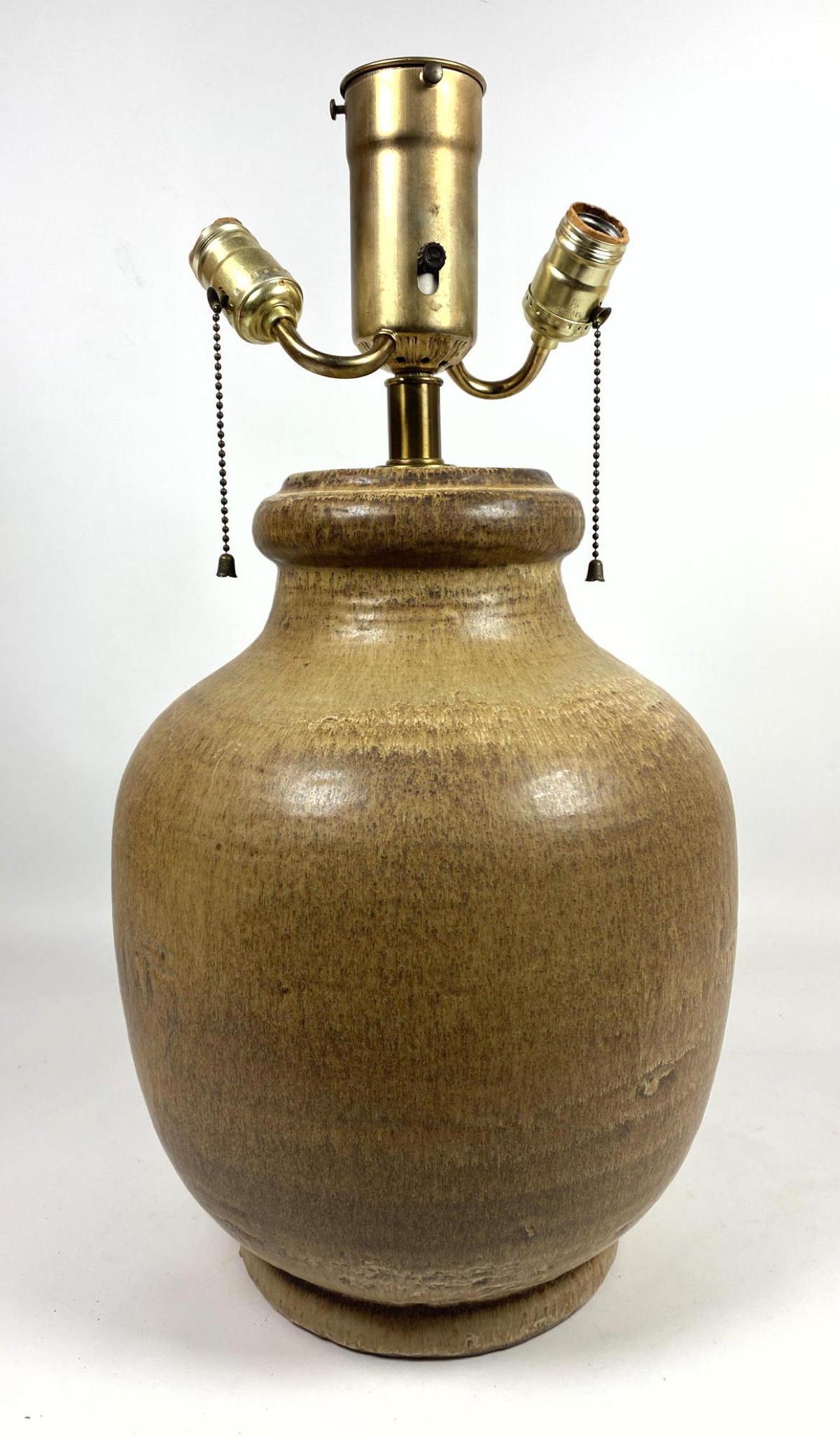 Large Bulbous Pottery Table Lamp. Light brown oatmeal g (1 of 12)