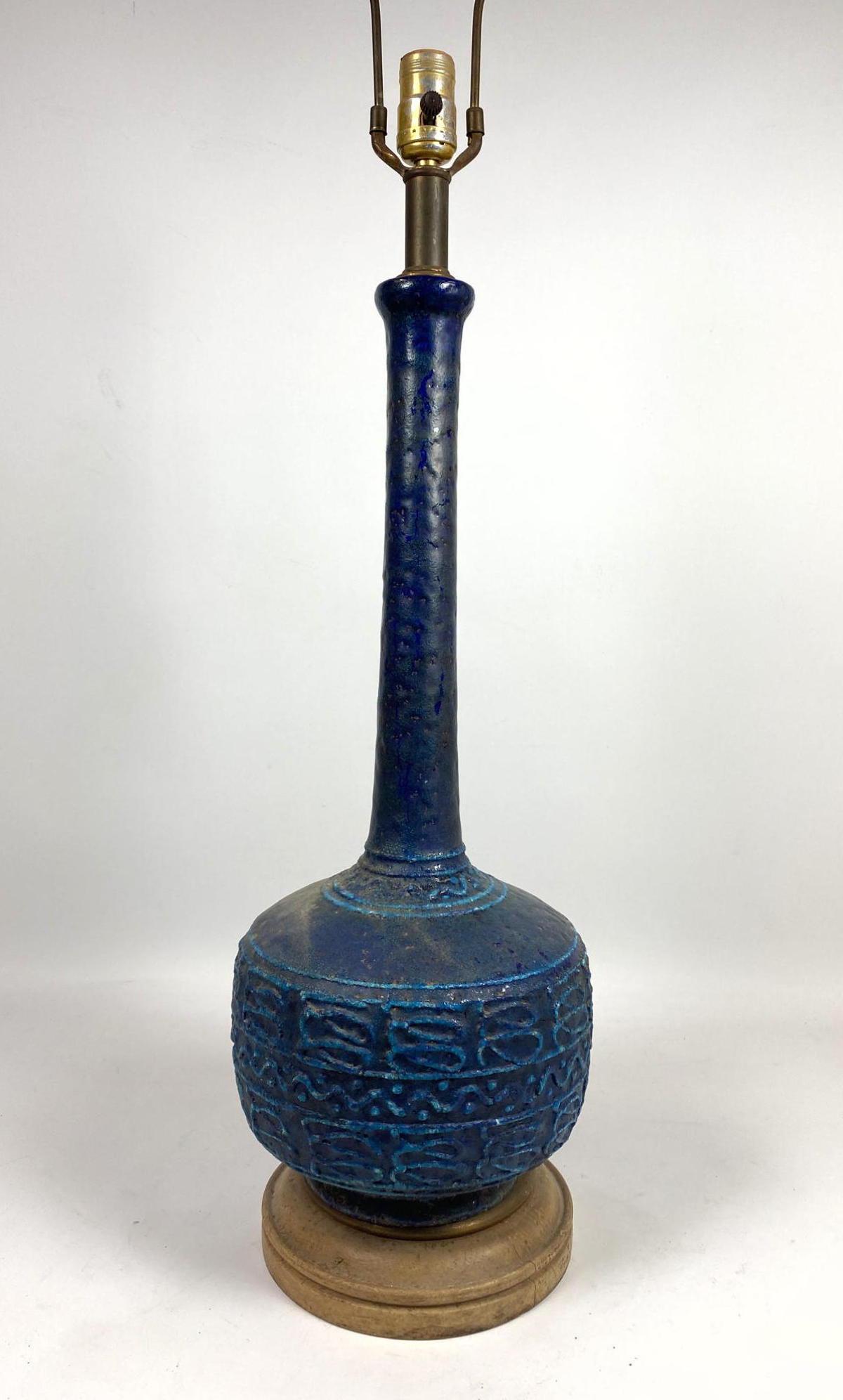 Blue Glazed Long Neck Pottery Table Lamp. Raised slip d (1 of 12)