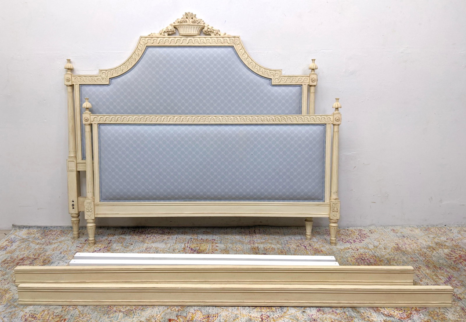 Painted Carved Wood Bed. Decorative Carved Upholstered: Painted Carved Wood Bed. Decorative Carved Upholstered Head and Footboards. -- Dimensions: H: 58 inches: W: 63 inches ---