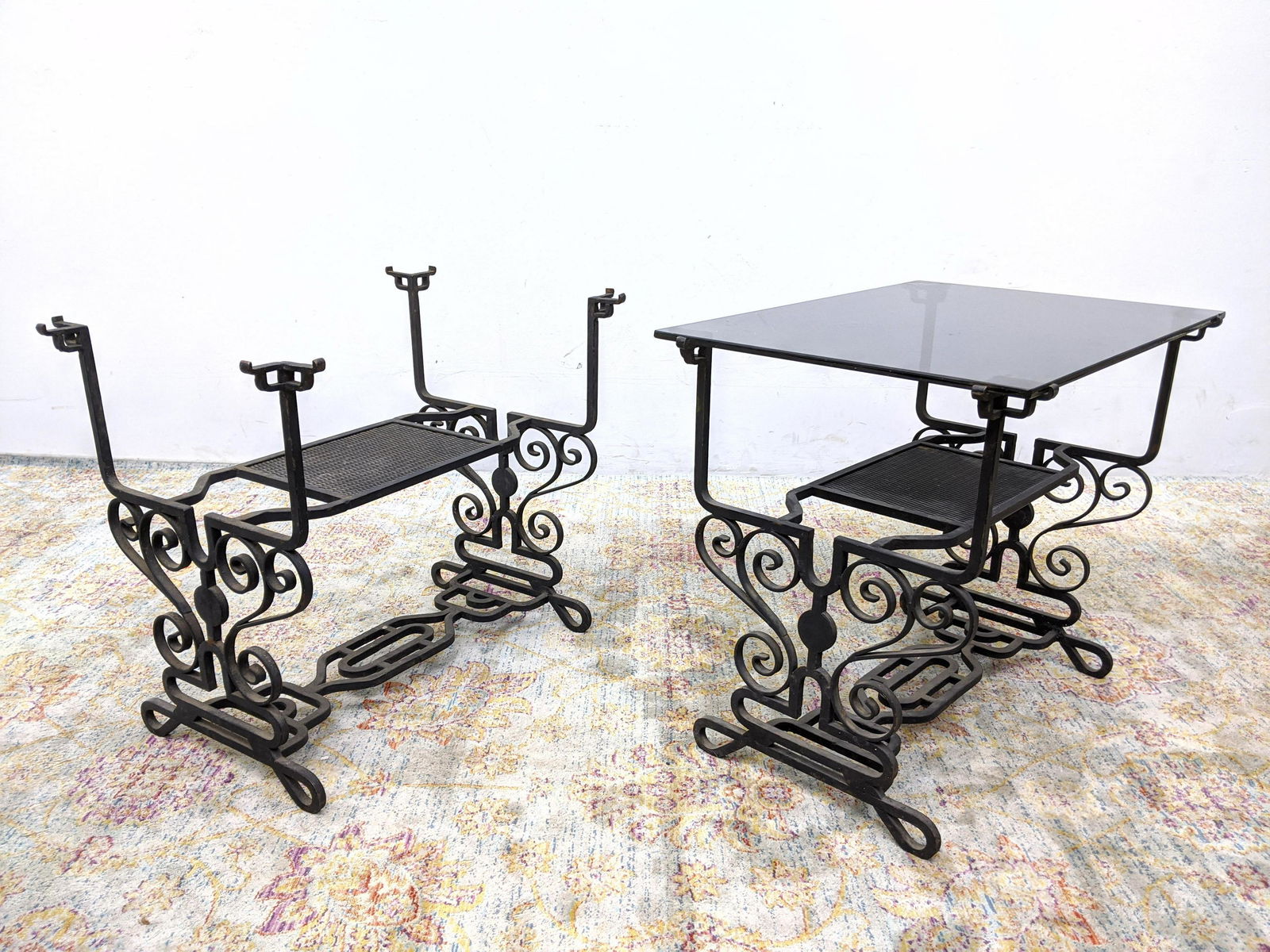 Pair Fancy Wrought Iron Tables. 1 missing glass. Fancy (1 of 12)