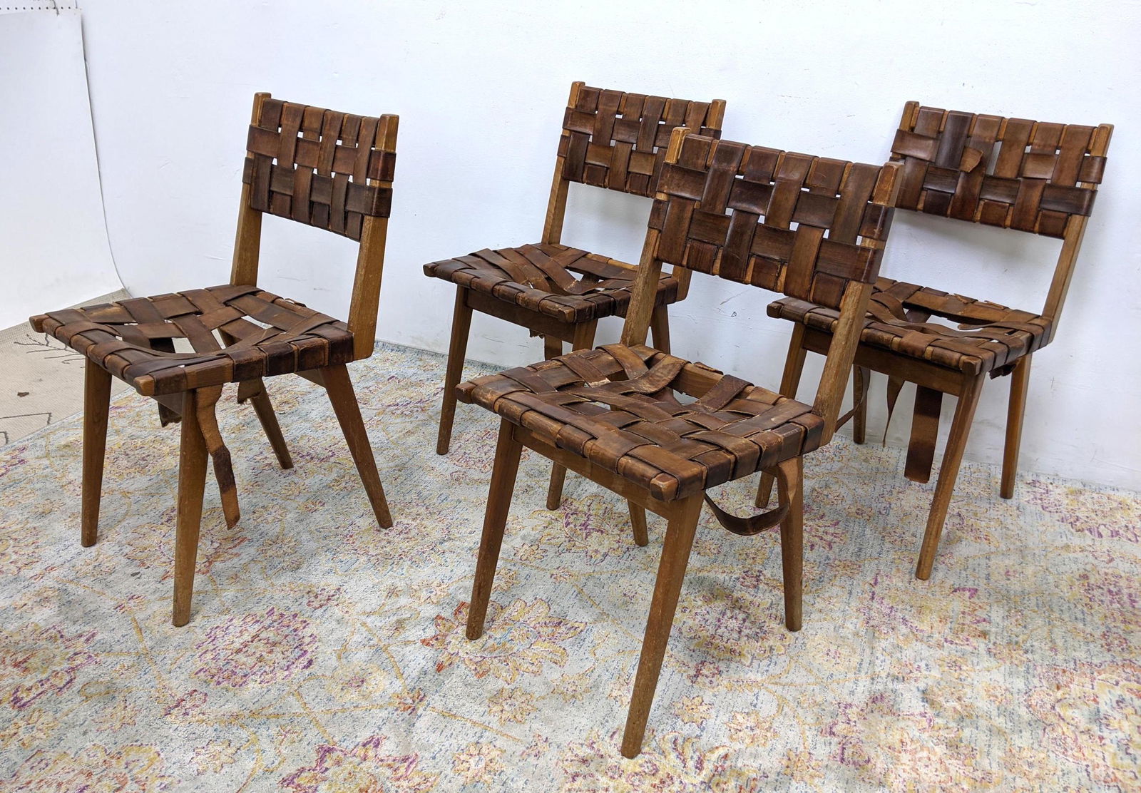 4 Early Jens Risom Attributed Chairs. woven leather. (1 of 20)