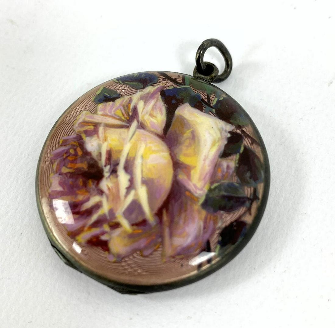 Fine Guilloche Enamel Silver Locket Pendant. Pink ename: Fine Guilloche Enamel Silver Locket Pendant. Pink enamel with Rose on one side. Guilloche solid enamel on reverse-- Dimensions: H: 1.5 inches: W: 1.25 inches ---