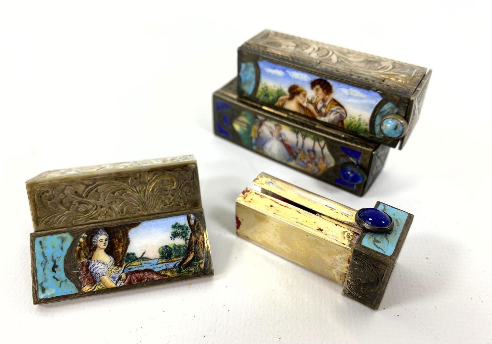 Set of 3 .800 Silver Enamel Lipstick Cases. Continental (1 of 11)