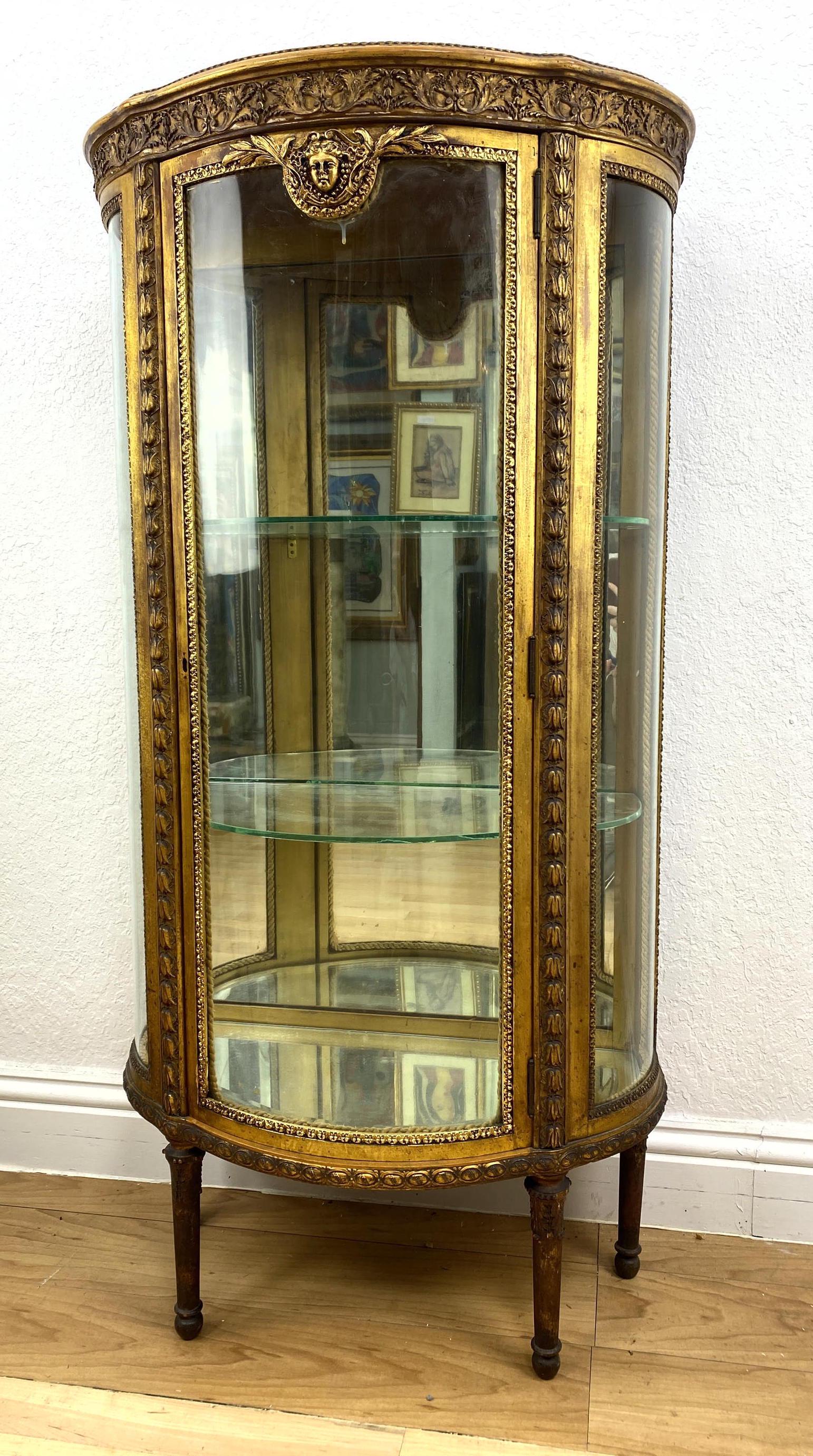 Gilt Carved Wood Curio Cabinet with Glass Shelves. Fren (1 of 13)