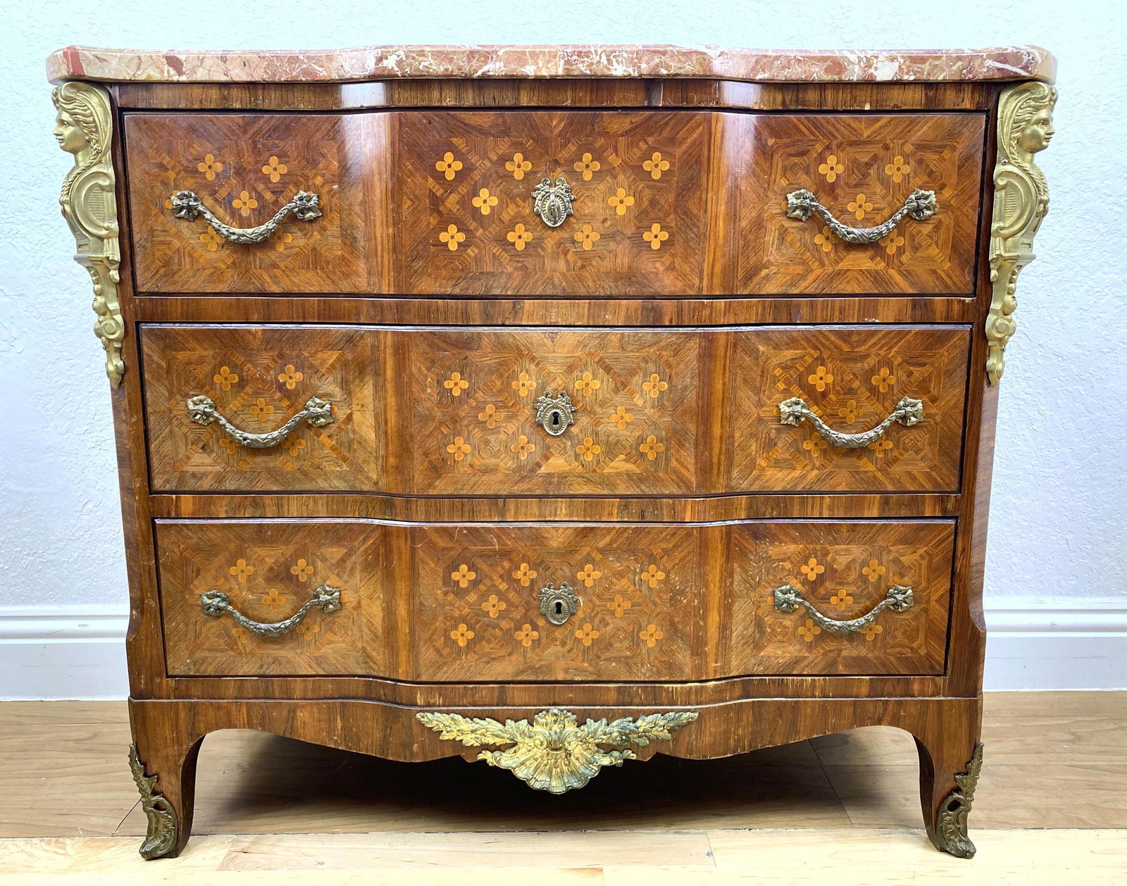 French Marquetry Inlaid Dresser Chest Commode.  Marble (1 of 17)