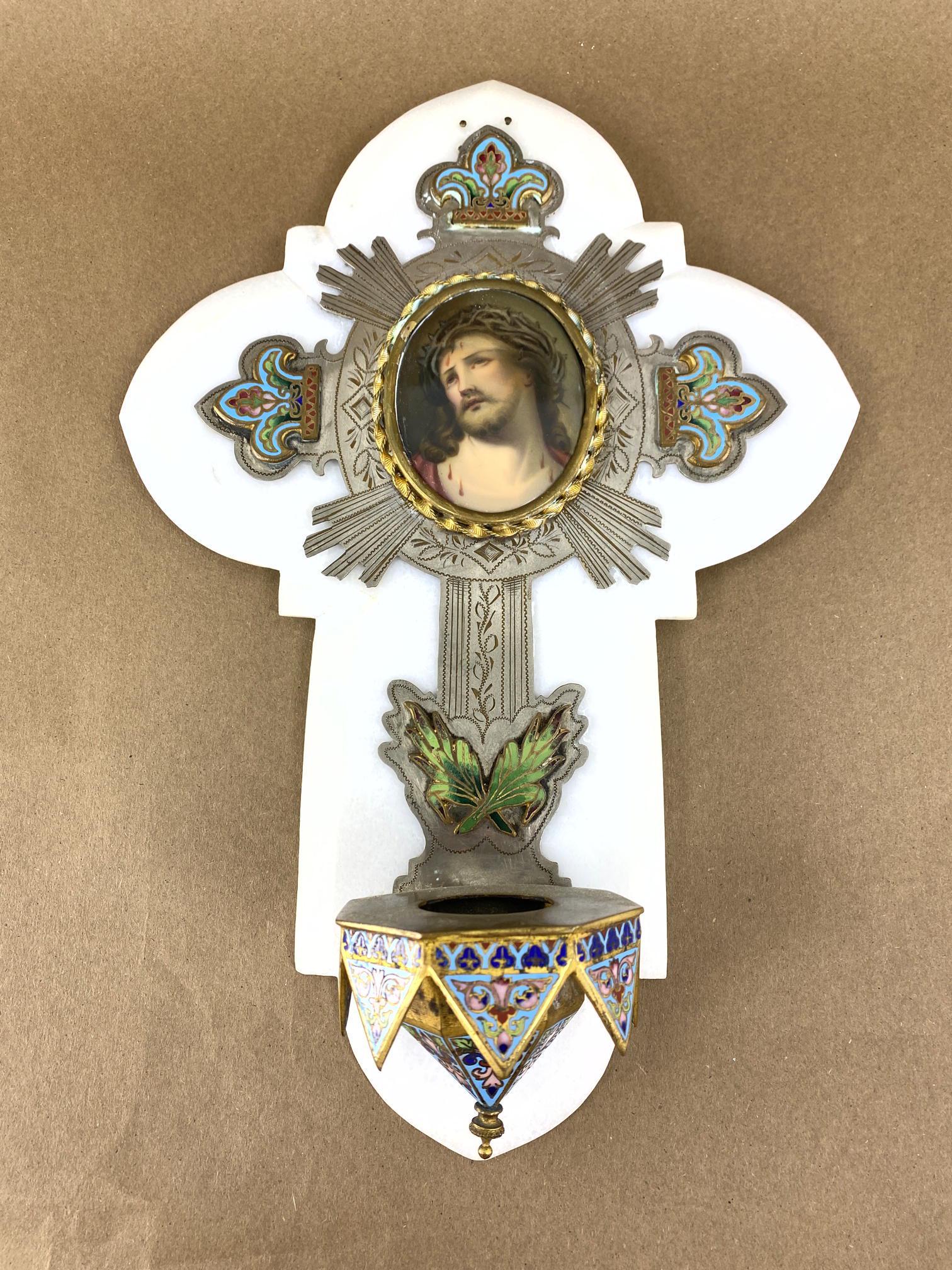 Antique Holy Water Font. Hand painted plaque of Jesus w (1 of 12)