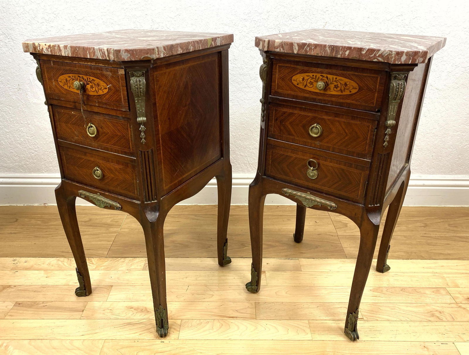 Pair French Inlaid Side Tables with Marble Tops. Ormolu (1 of 18)