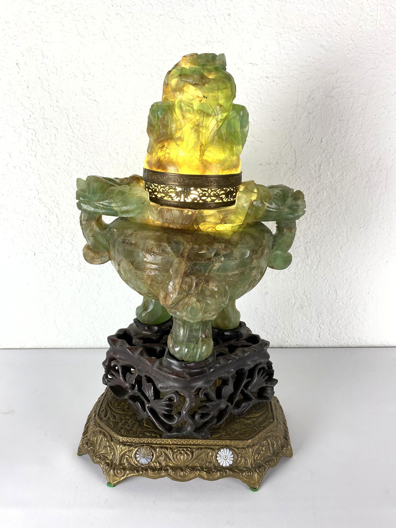 Green Fluorite Lidded Urn Lamp. Light with carved anima (1 of 18)