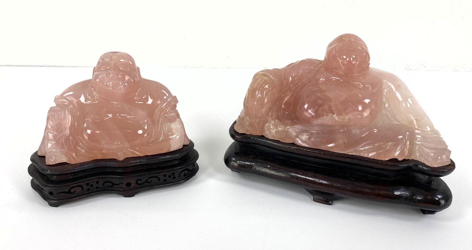 2pc Rose Quartz Laughing Buddha Figures. On wood bases. (1 of 10)
