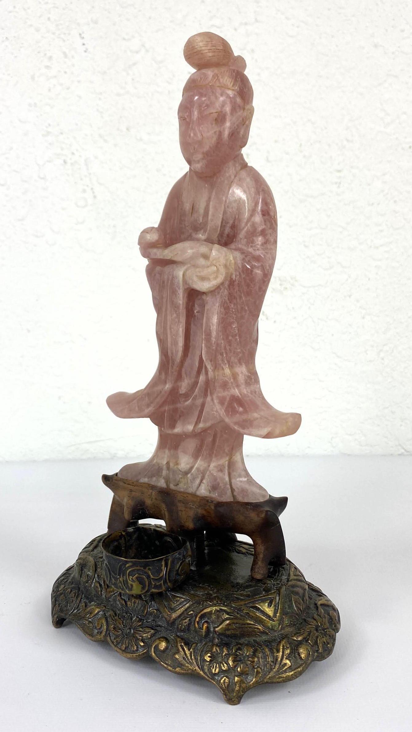 Asian Rose Quartz Figure on Wood and Metal Base (1 of 9)