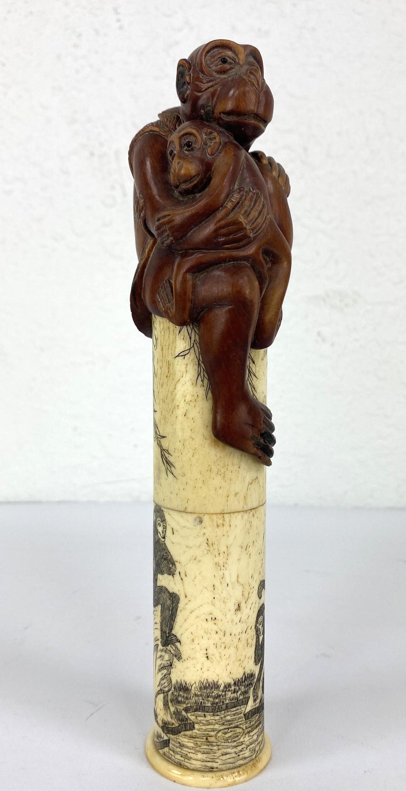 Etched Asian Carved Brush Case. Carved Wooden Monkeys. (1 of 10)