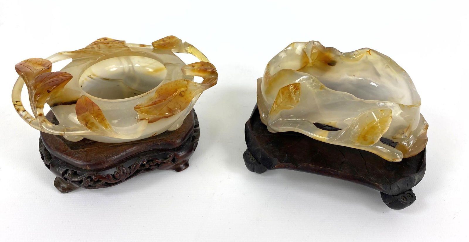 2pc Asian Carved Hardstone Brush Washer Bowls on Wood B (1 of 11)