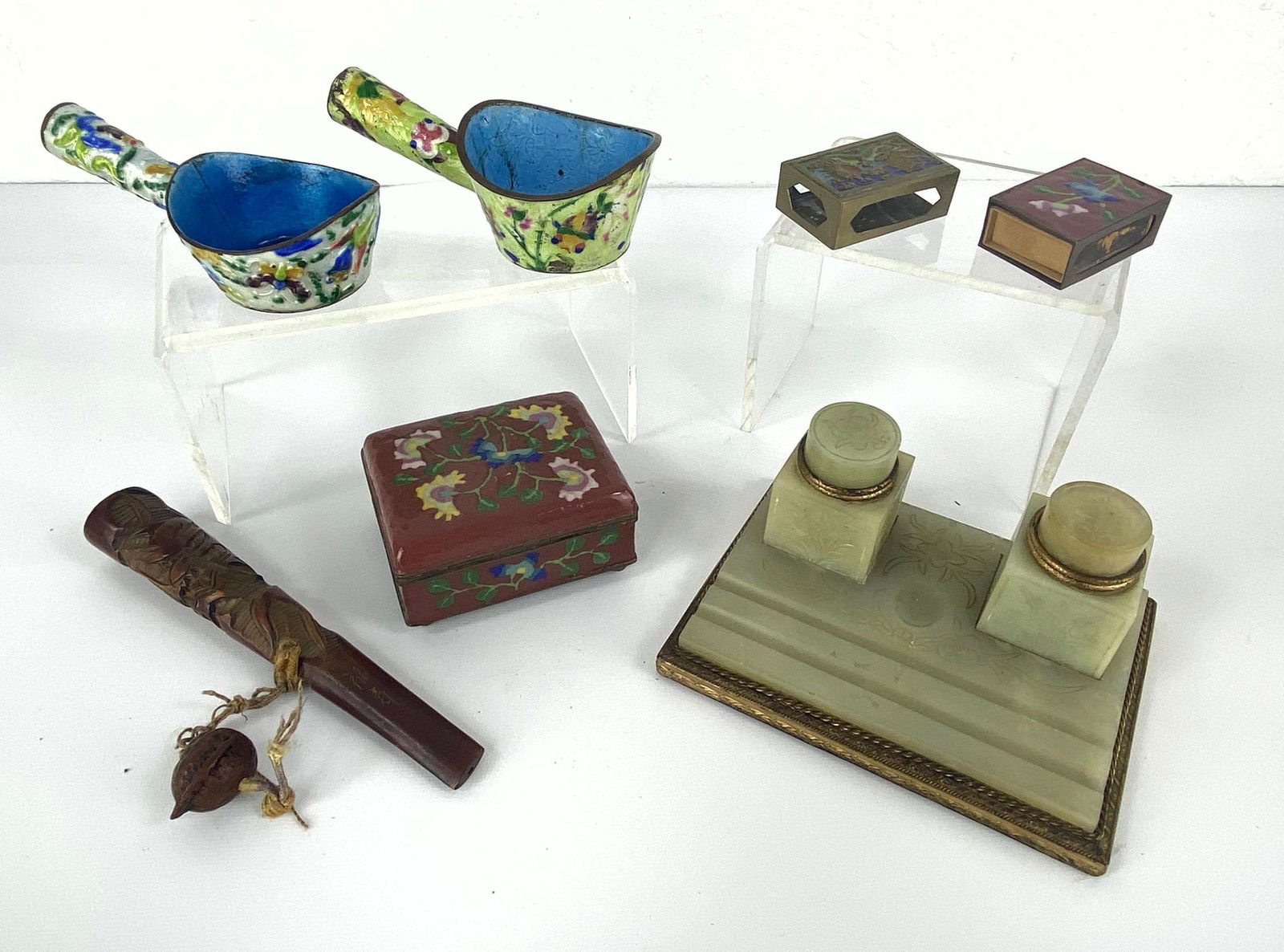 7pc Asian Lot. Carved Jade double inkwell, enamel objec (1 of 19)
