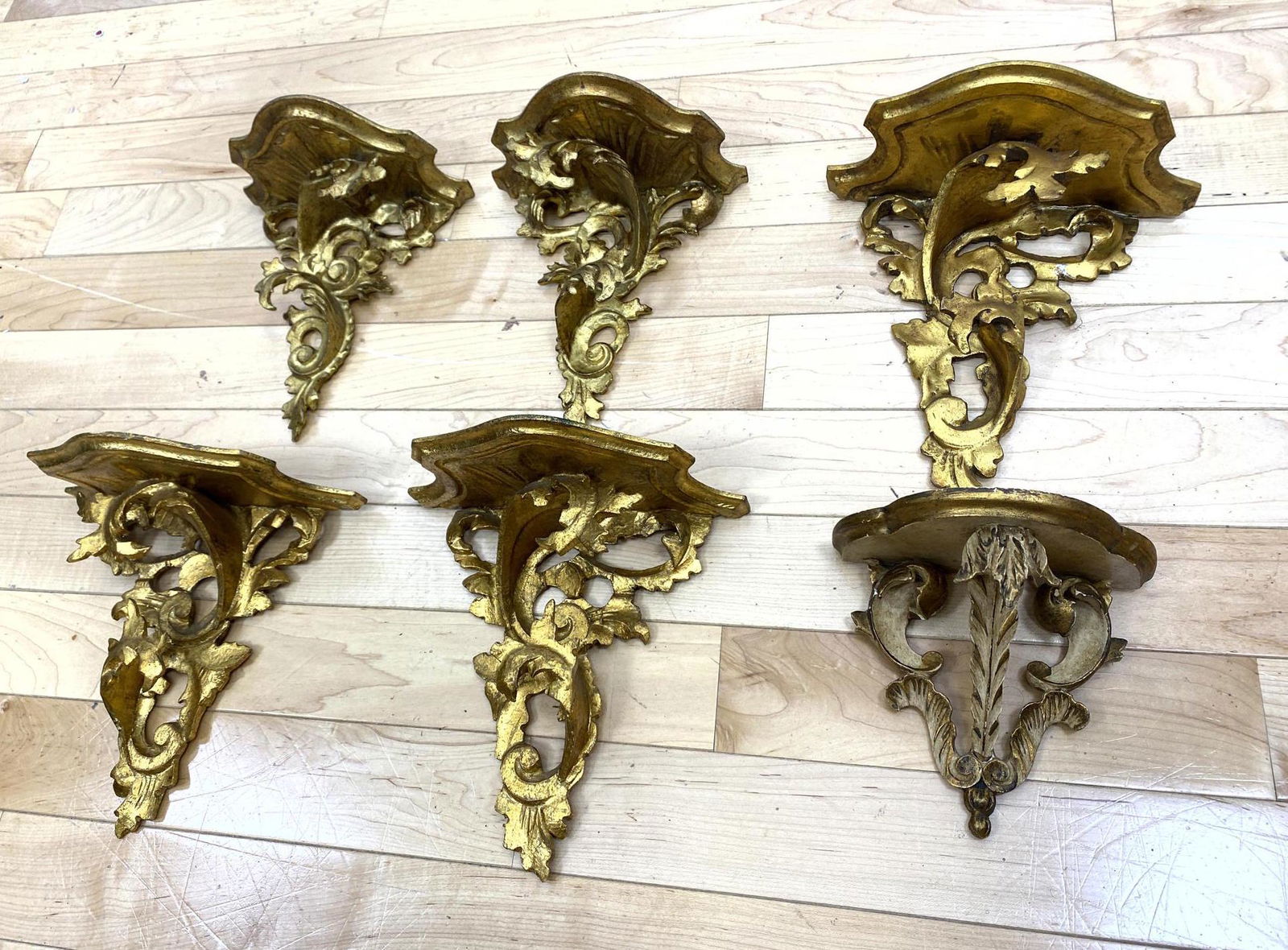 6pcs Gilt Carved Wood Wall Shelf Brackets. Some pairs; (1 of 9)