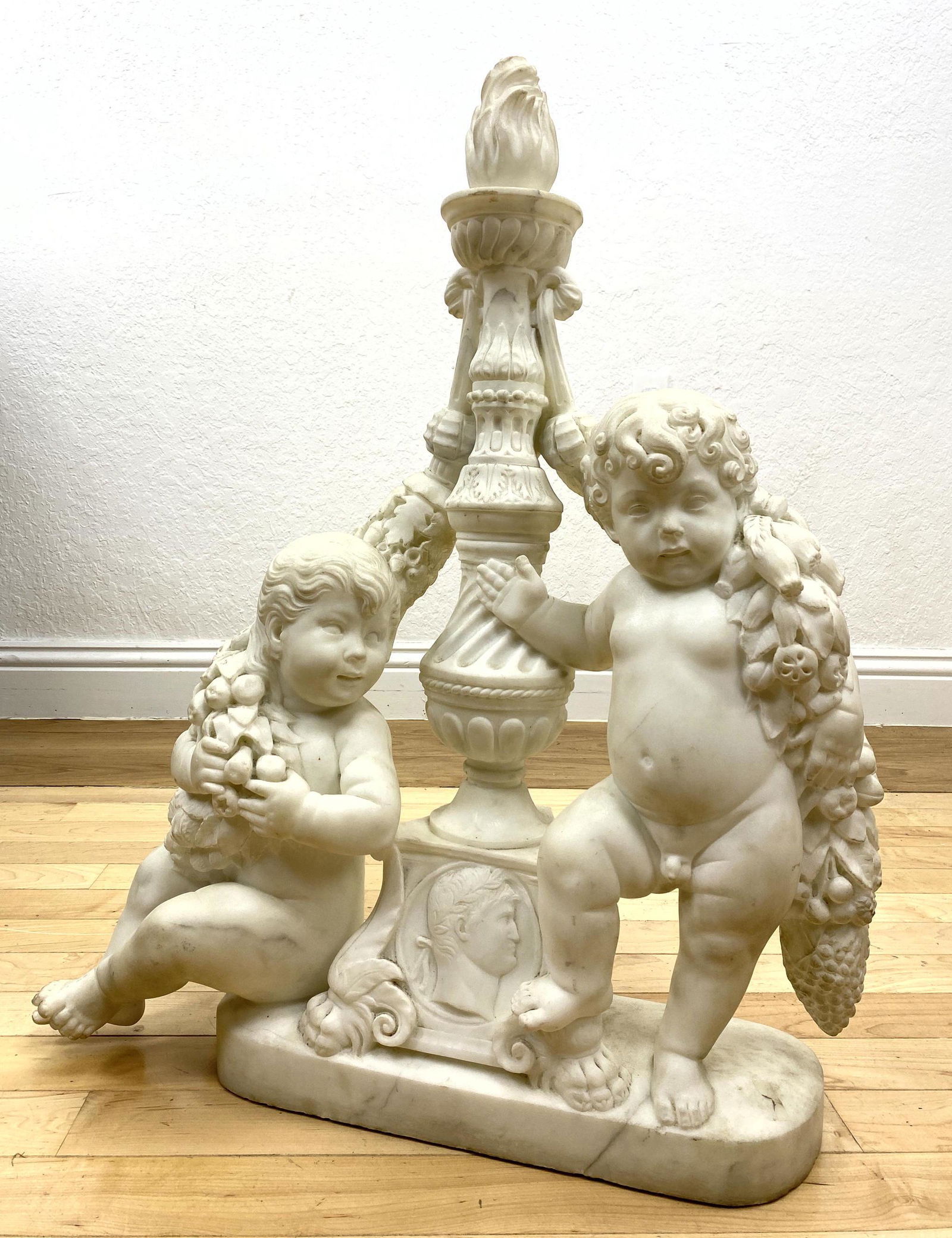 Large Carved Marble Sculpture of Putto with Flame Cente (1 of 13)