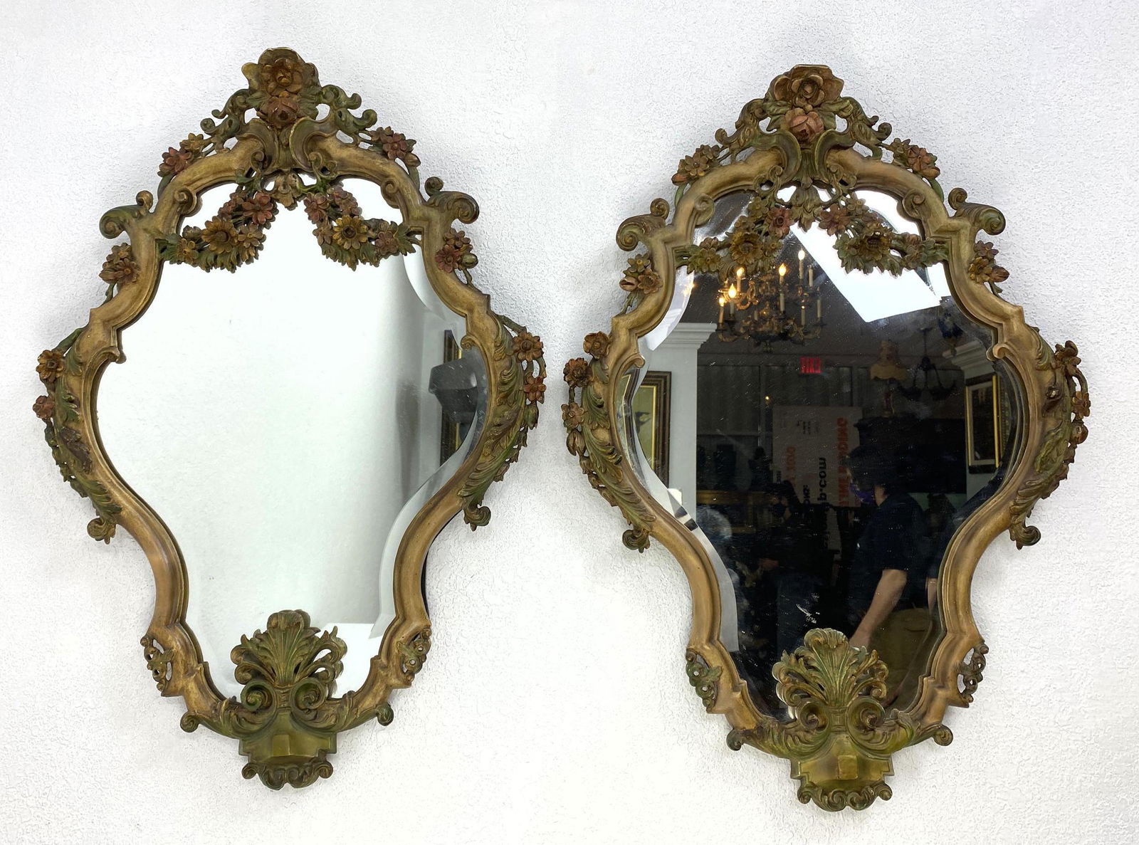 Pair Fancy Carved Shield Shaped Mirrors.  Polychrome pa (1 of 9)
