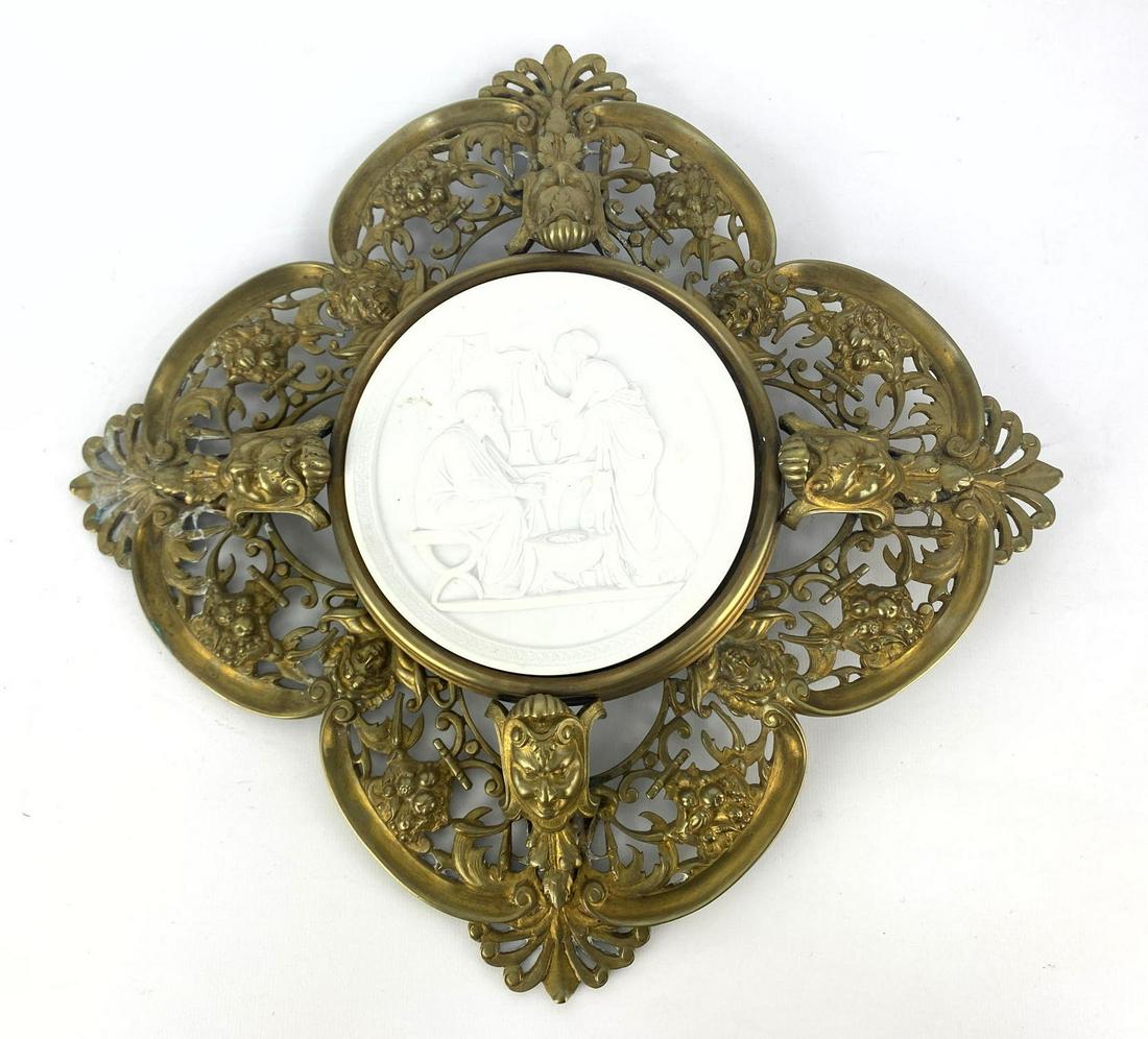 Ornate Bronze Frame surrounds Bisque Plaque. Figural he (1 of 11)
